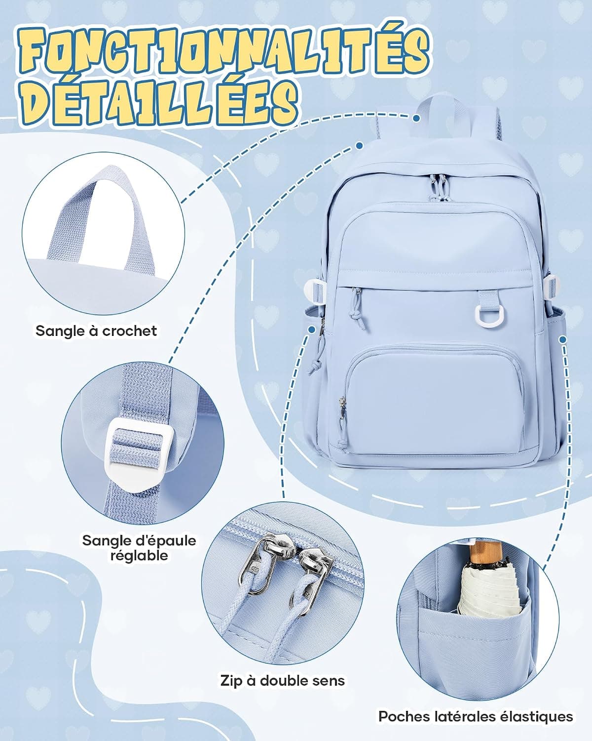 Sac à Dos College Homme Femme, Résistant Cartable Garcon Fille, Sac à Dos Scolaire Adolescents, Sac a dos avec Multi-poches, Loisir Unisexe Zaini Backpack,Bleu
