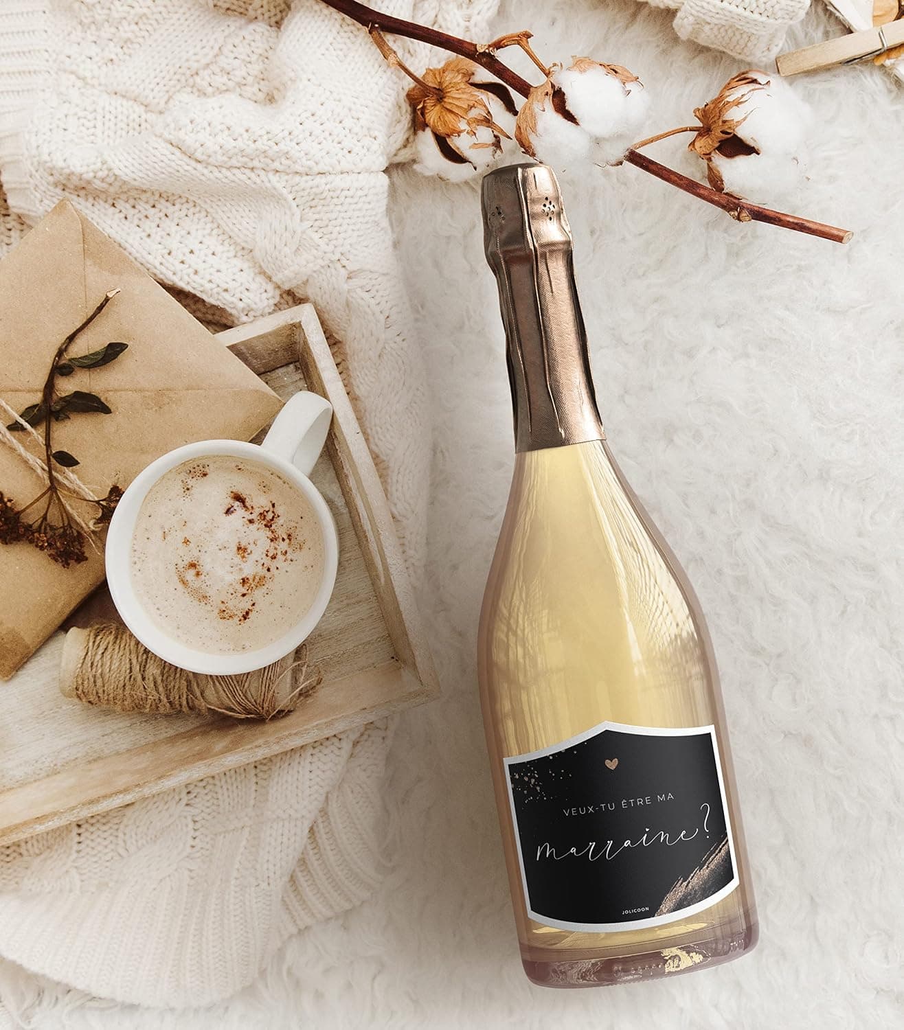 JoliCoon Étiquette bouteille Veux-tu être ma marraine, demande marraine | Papier nacré structuré, forte adhérence, pour bouteilles de vin, de champagne, de prosecco et autres formes de bouteilles
