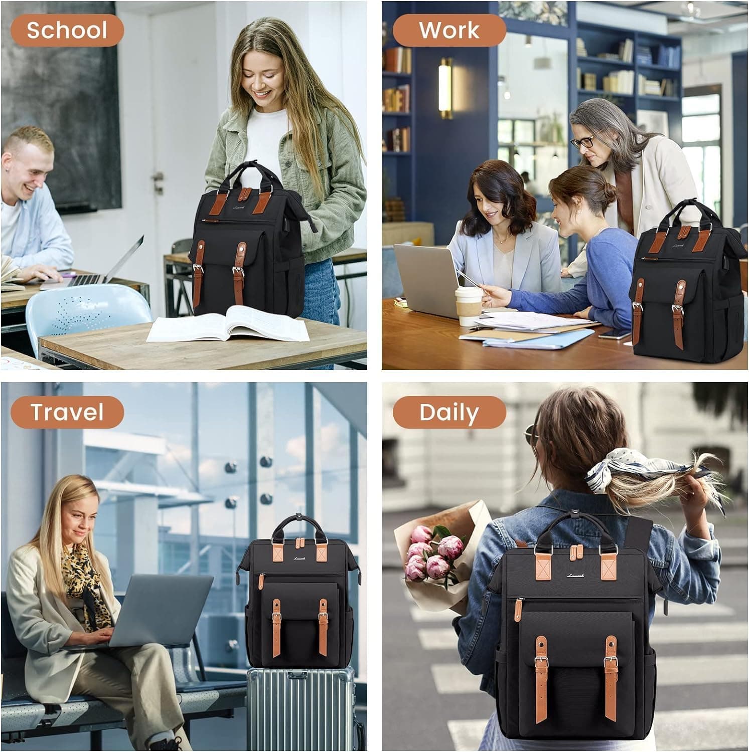 LOVEVOOK Sac a Dos Femme, Impermeable pour Ordinateur Portable 15,6 pouces | avec Étui pour Câble de Données avec Compartiment Ordinateur Séparé, Ordi Elegant pour Voyage College Travail Noir