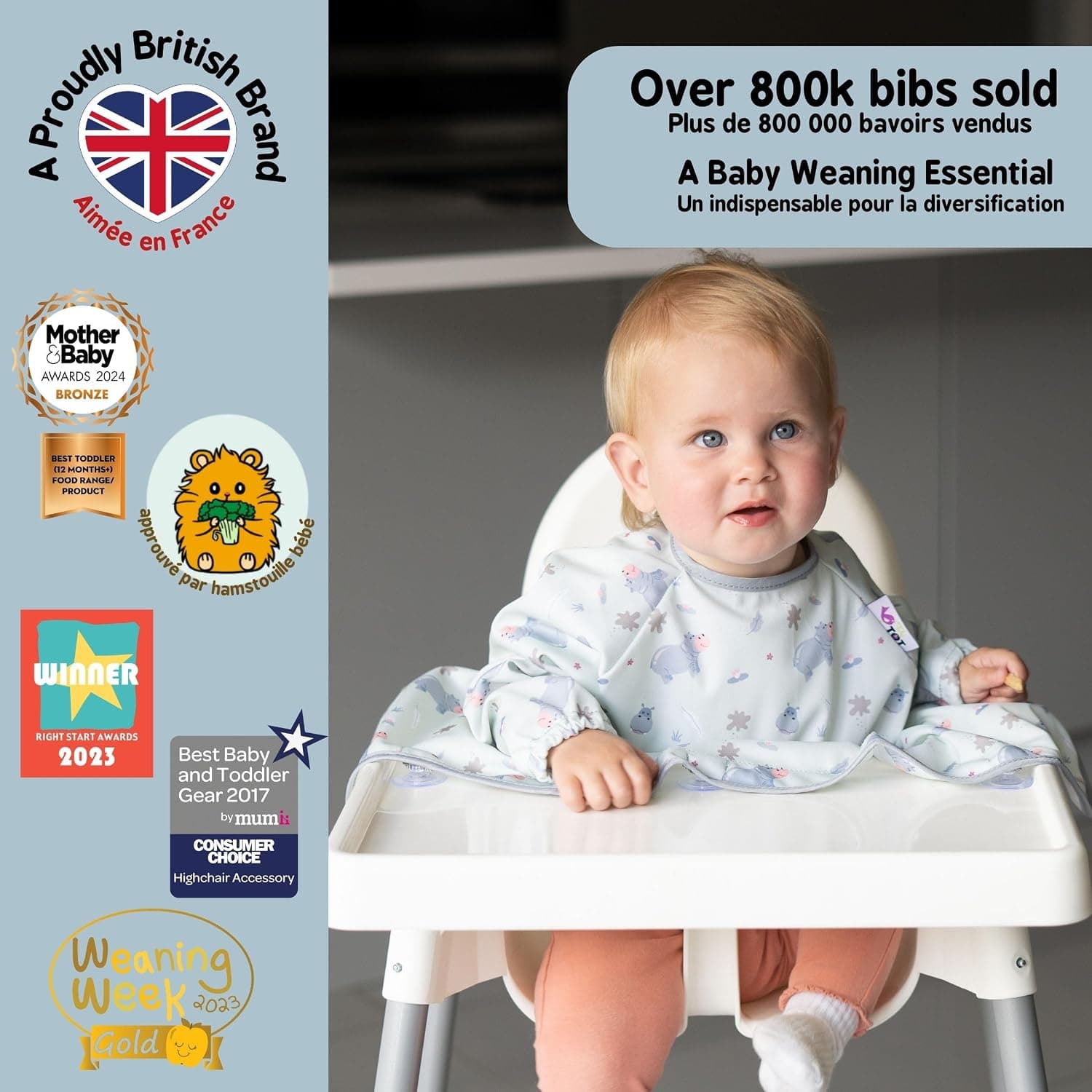 Tidy Tot®TM Cover & CatchTM Bavoir couvrant pour bébé. Bavoir d'alimentation avec manches. Se fixe sur les chaises hautes. Bavoirs à manches. Bavoirs DME pour chaise haute de nourrisson, bébé et enfant.