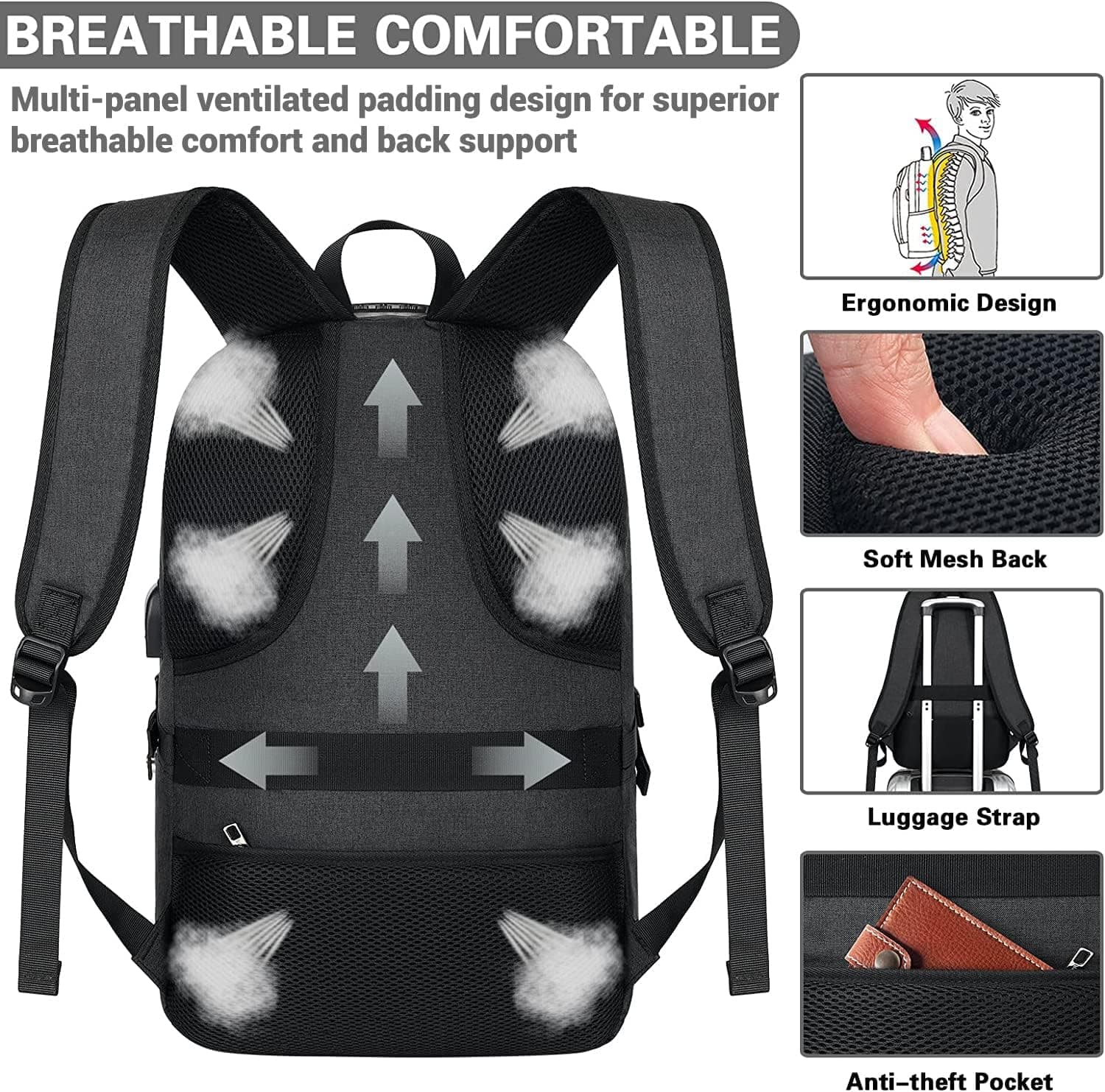 AMBOR 17.3'' Sac à Dos Portable,Sac a Dos Ordinateur avec USB Charging Port | Déperlant Sac a Dos Voyage Cabine, Sac a Dos Antivol Avion pour Homme avec Compartiment, Backpack pour les études les Vol