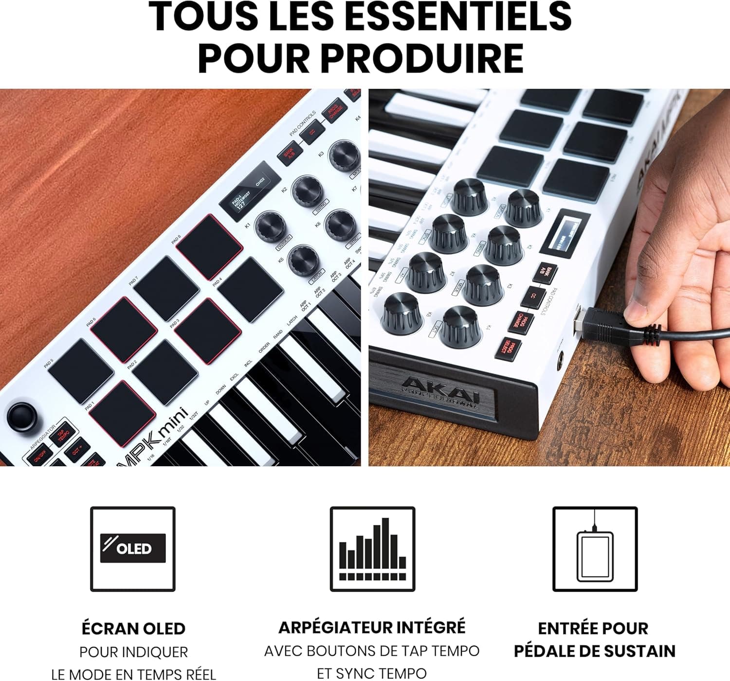 Akai Professional MPK Mini MK3 Clavier MIDI USB 25 Touches, Blanc | Touches Mini Sensibles à la Vélocité, 8 Pads MPC, 8 Boutons, Logiciels Inclus, pour Beatmakers, Producteurs et Home Studio