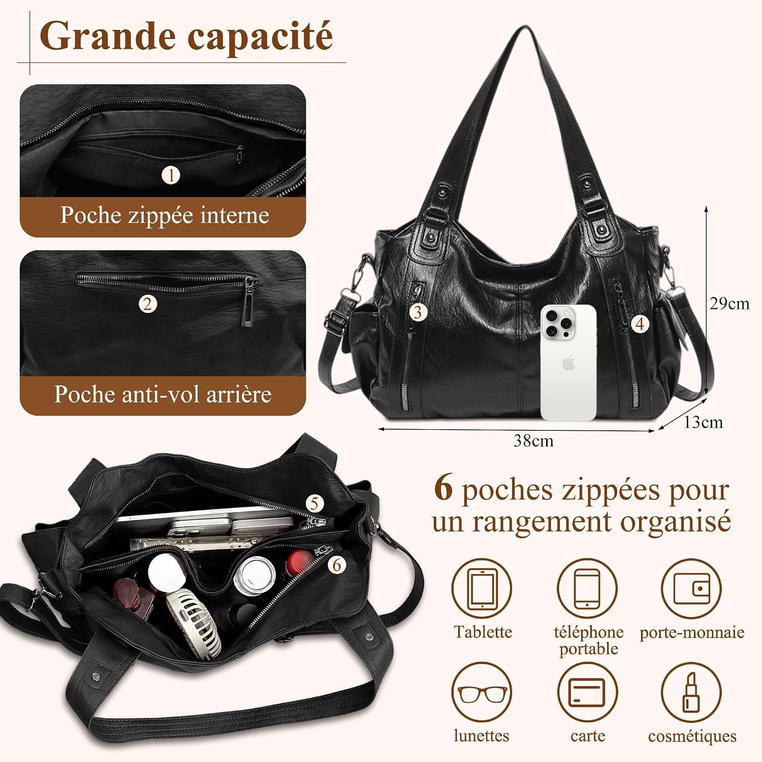 Sac À Main Femme PU, Sac Épaule Bandoulière, Cabas Moyen | Sac Moyen Femme Y2K Vintage, Style Rétro Élégant, Rigide Grande Capacité Pour Travail, Shopping, Voyage Quotidien