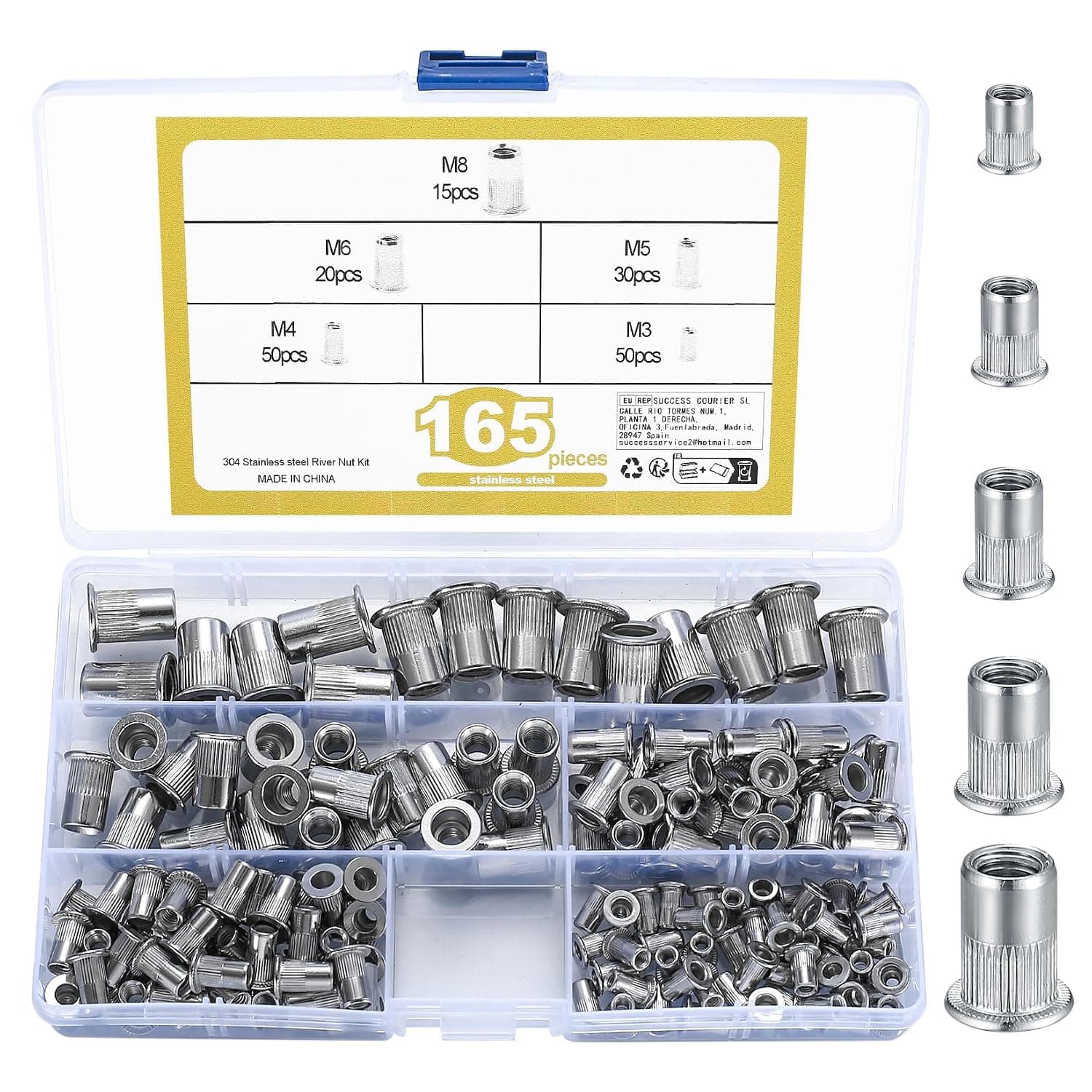 165 Pièces Écrou à Rivet, Écrous à Rivets, M3 M4 M5 M6 M8 Écrous Fileté à Tête Plate, Écrous à Riveter à Insert Fileté en Acier Inox, Inserts Filetés pour Métal, Bois, Aluminium