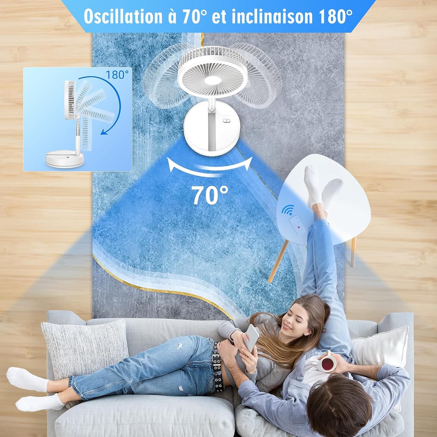 Ventilateur sur Pied Oscillant Silencieux avec Télécommande - 8.6'' Pliable | 8000mAh USB Rechargeable Portable Sol/Table Ventilateurs 4 Vitesses/Timer, Piédestal Fan pour Chambre Bureau Camping Voyage