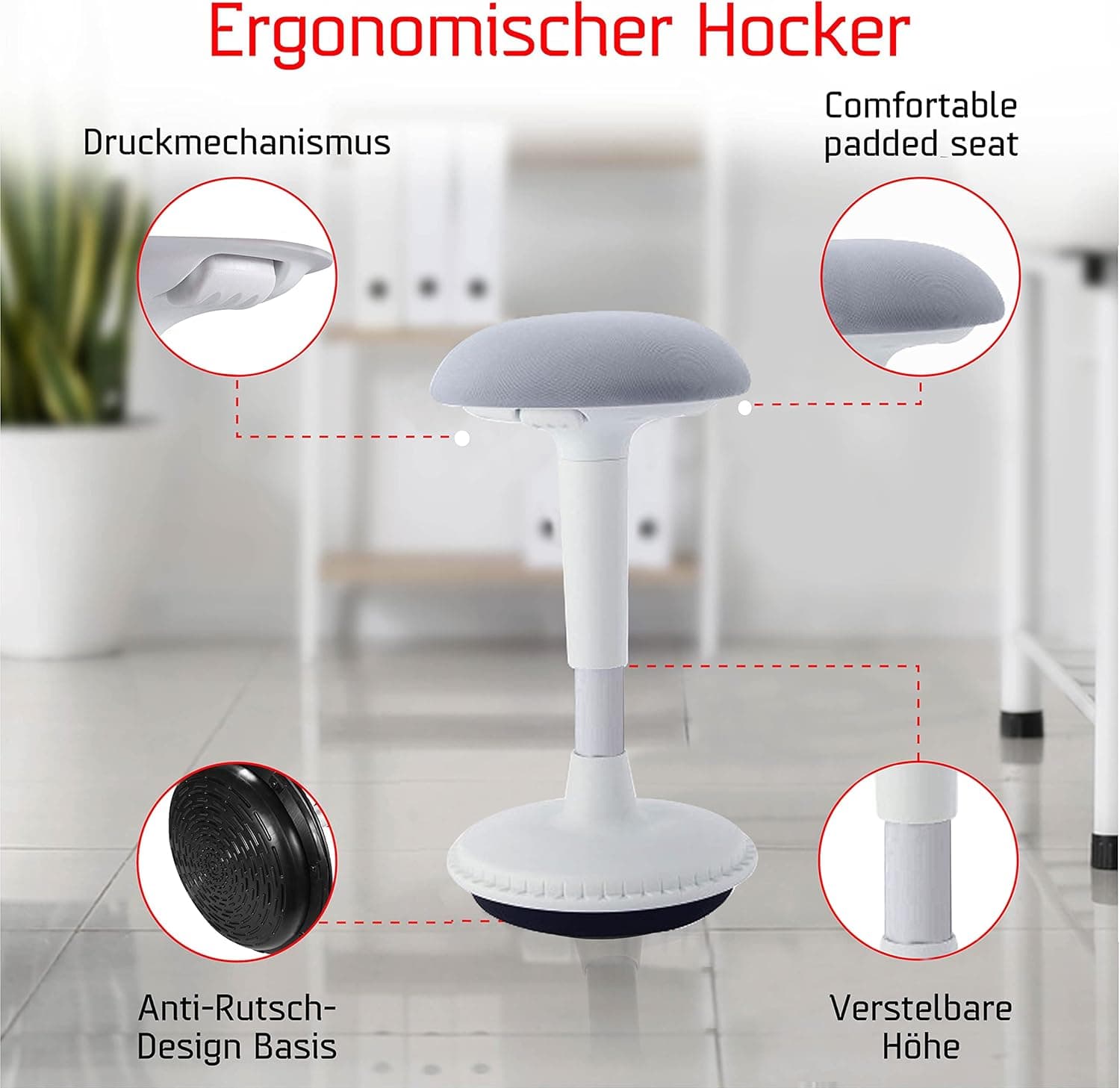tabouret ergonomique réglable en hauteur pour s'asseoir et se tenir debout (blanc, version 65-85) – Tabouret de bureau oscillant
