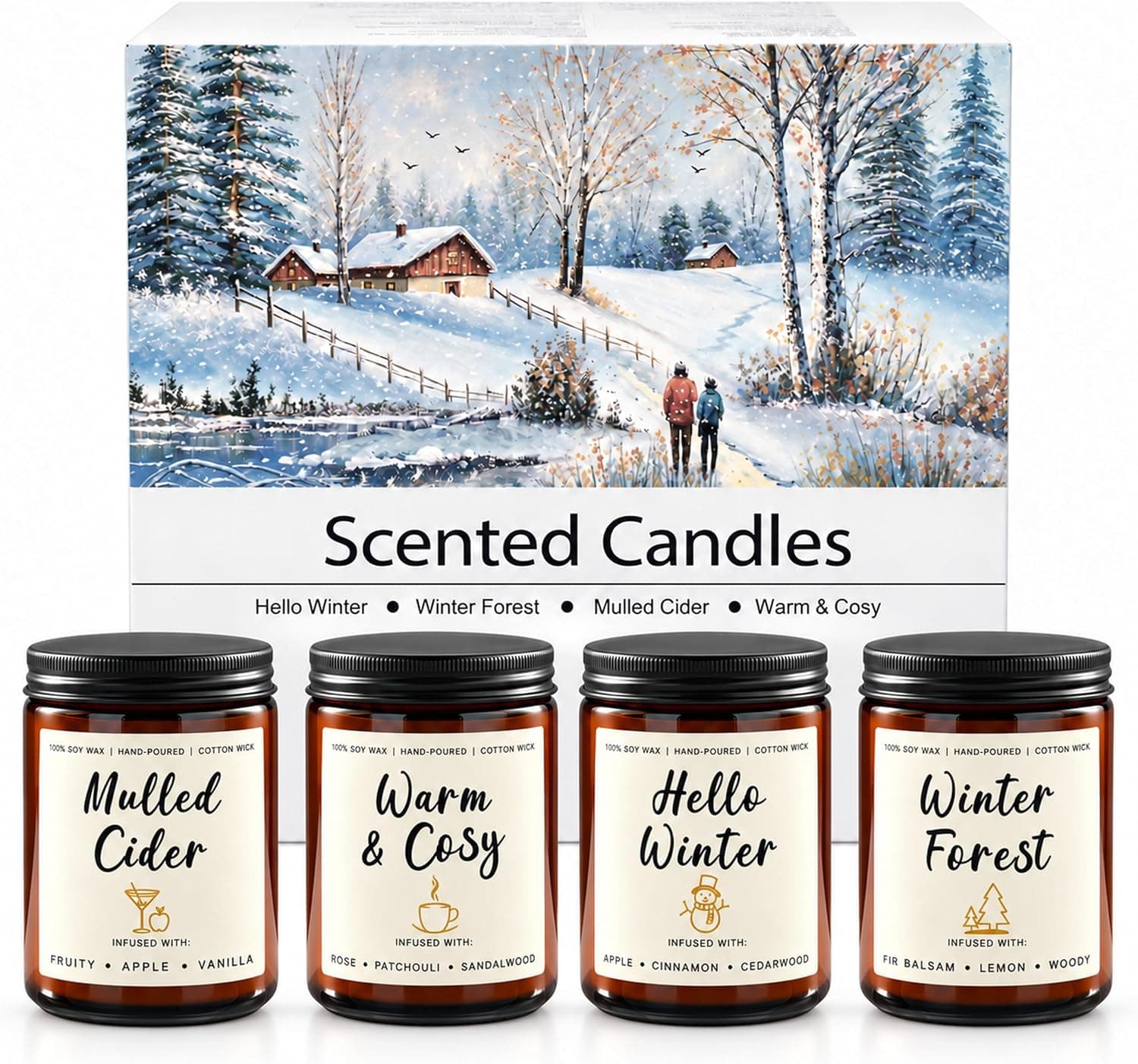 Lot de 4 bougies parfumées au soja - Coffret cadeau d'hiver - 800 ml