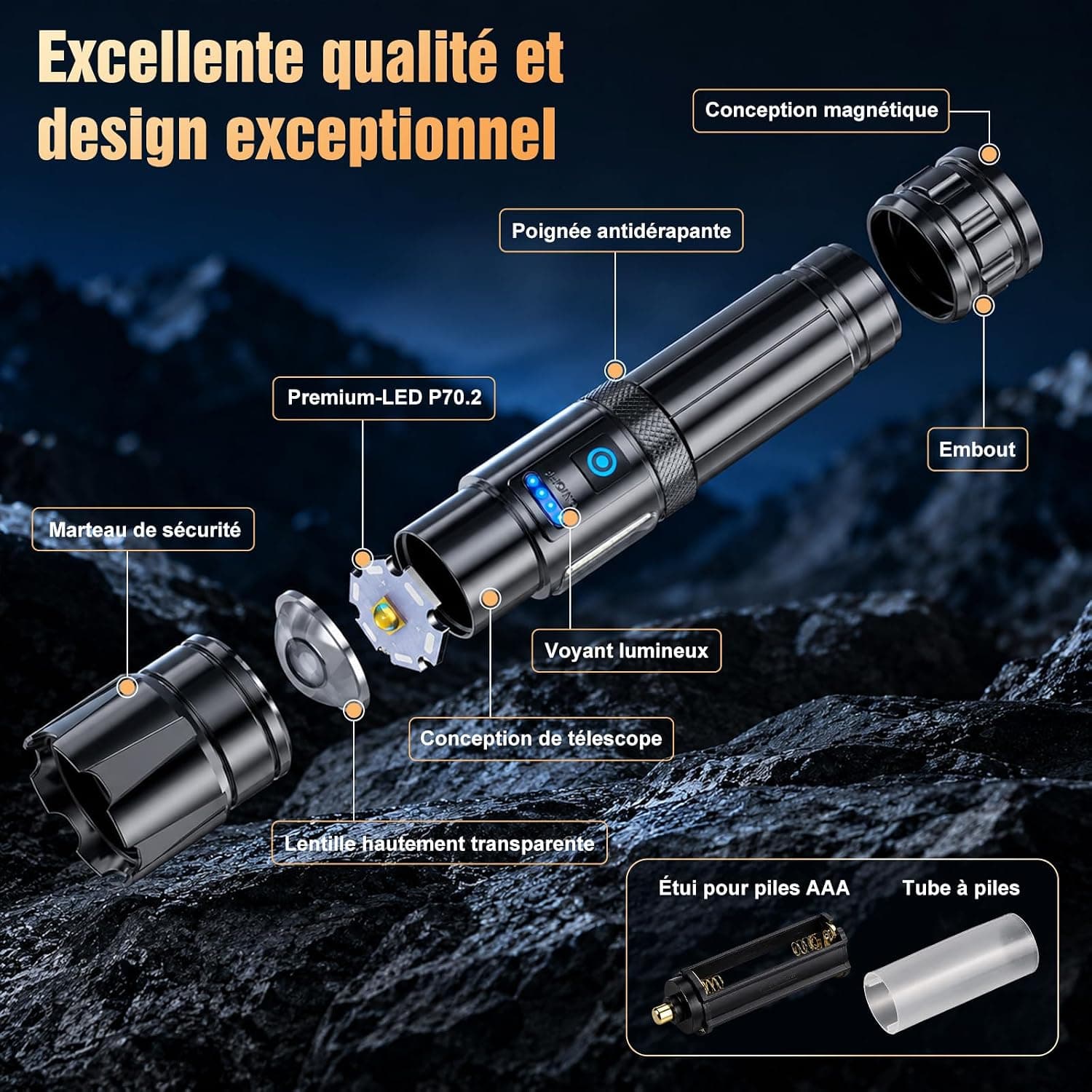 RAYLON Lampe Torche LED Rechargeable 500000 Lumens Ultra Puissante
