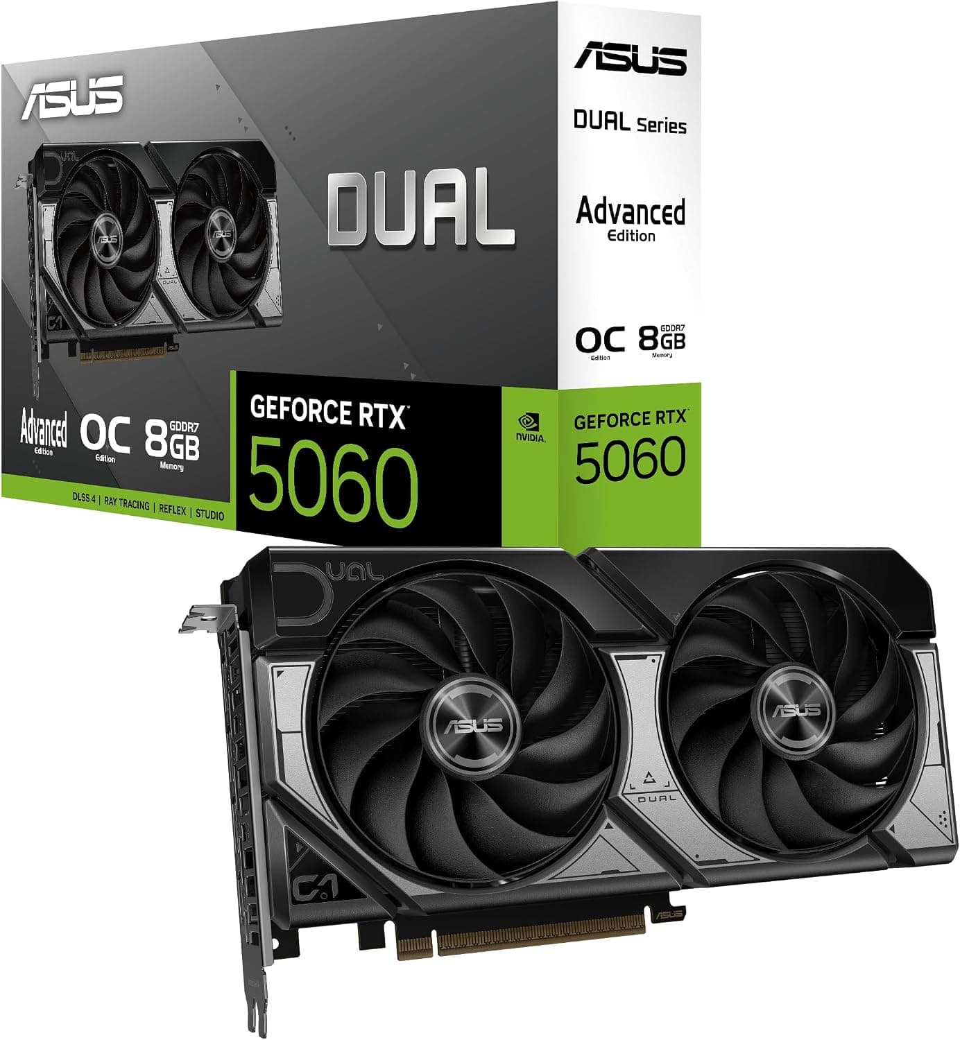 ASUS Dual GeForce RTXTM 5060 8GB GDDR7 Advanced (PCIe 5.0, 8GB GDDR7, DLSS 4.5, HDMI 2.1b, DisplayPort 2.1b, 2.5-Slot Design, Axial-Tech Fan Design, 0dB Technology, and More)