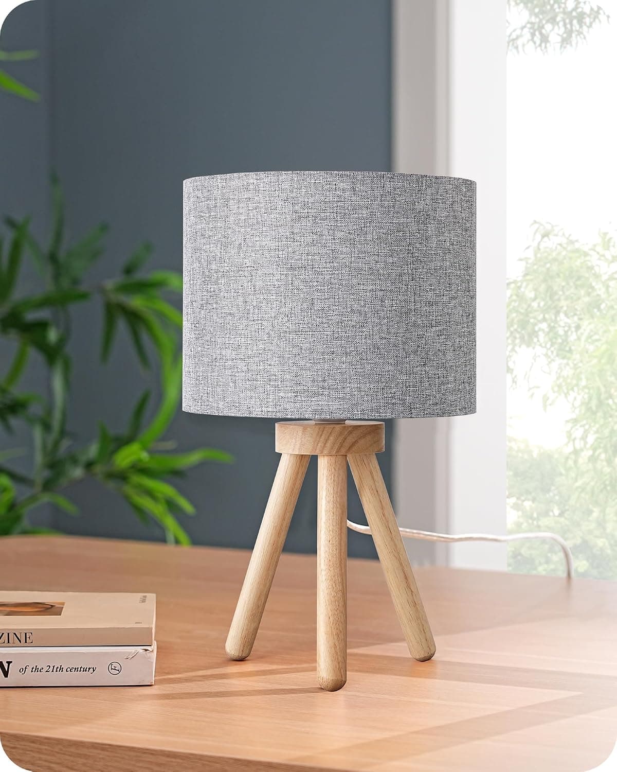 EDISHINE Lampe de Chevet en Bois à Trépied, Abat-jour en Lin, E27 Ampoule LED Incluse, 2700K Blanc Chaud, Lampe de Table Moderne pour Chambre à Coucher, Salon, Bureau, Hôtel, Gris