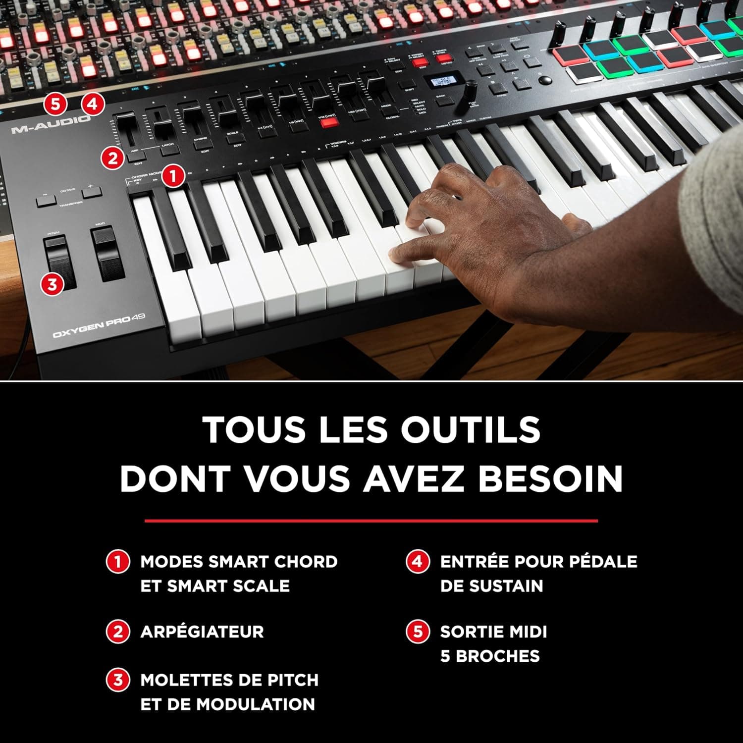 M-AUDIO Oxygen Pro 49 Controleur Clavier USB MIDI | 49 Touches Veloci-Sensibles, 16 Pads, 8 Boutons, 9 Faders et Logiciel DAW Inclus, pour Production Musicale