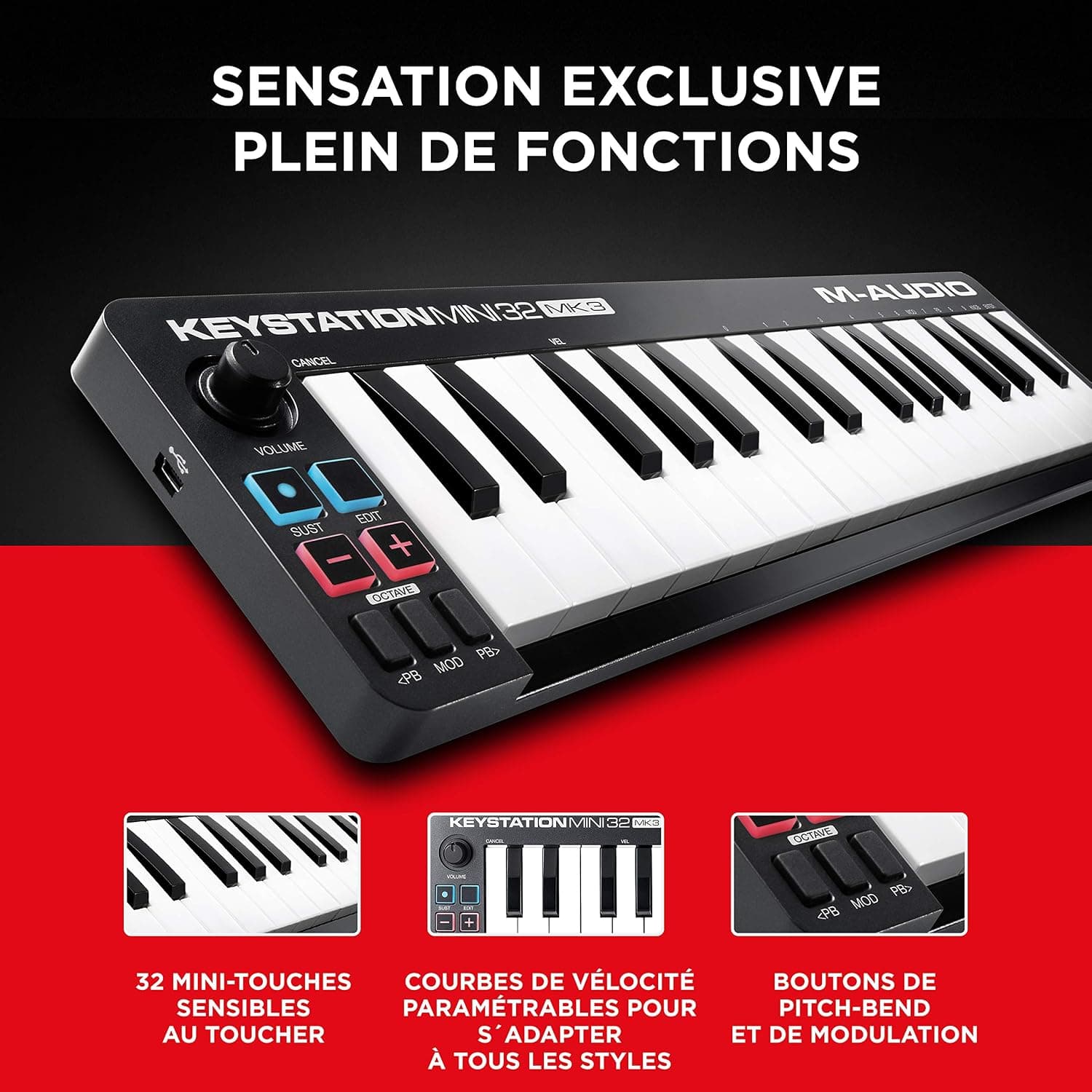 M-AUDIO Keystation Mini 32 MK3 Pack Contrôleur MIDI avec Casque pour Enregistrement Studio, Production Musicale, Podcasting, Streaming