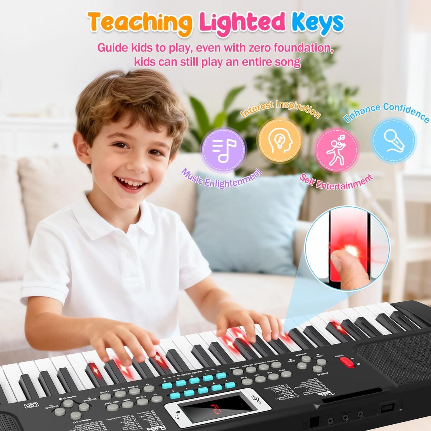 Enfants Piano Clavier 61 Touches Électronique Piano avec Touches Lumineuses | Clavier Musique de Jouets avec Micro, Double Haut-Parleur intégré, Modes d'apprentissage, Pupitre, Piano de 3 4 5 6 7 8 Ans