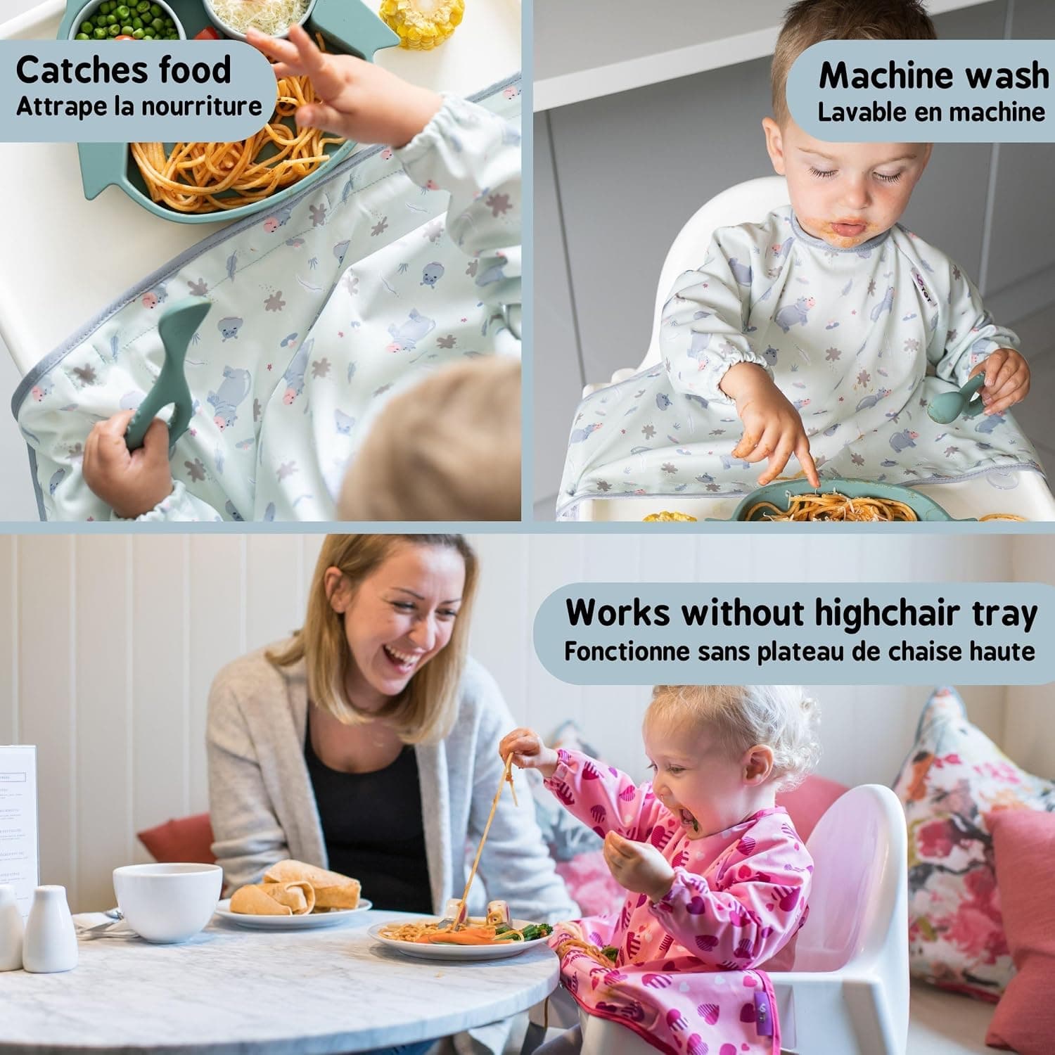 Tidy Tot®TM Cover & CatchTM Bavoir couvrant pour bébé. Bavoir d'alimentation avec manches. Se fixe sur les chaises hautes. Bavoirs à manches. Bavoirs DME pour chaise haute de nourrisson, bébé et enfant.