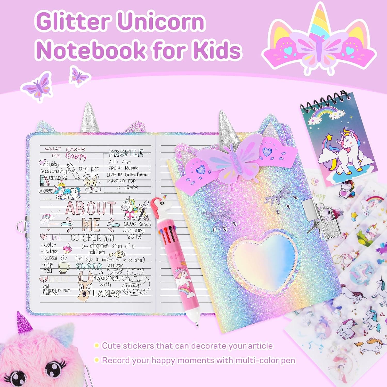 homicozy Journal secret fille, Journal licorne avec serrure pour les filles de 7-14 ans, carnet secret fille avec porte - monnaie en peluche, livre secret fille cadeau d'anniversaire Licorne