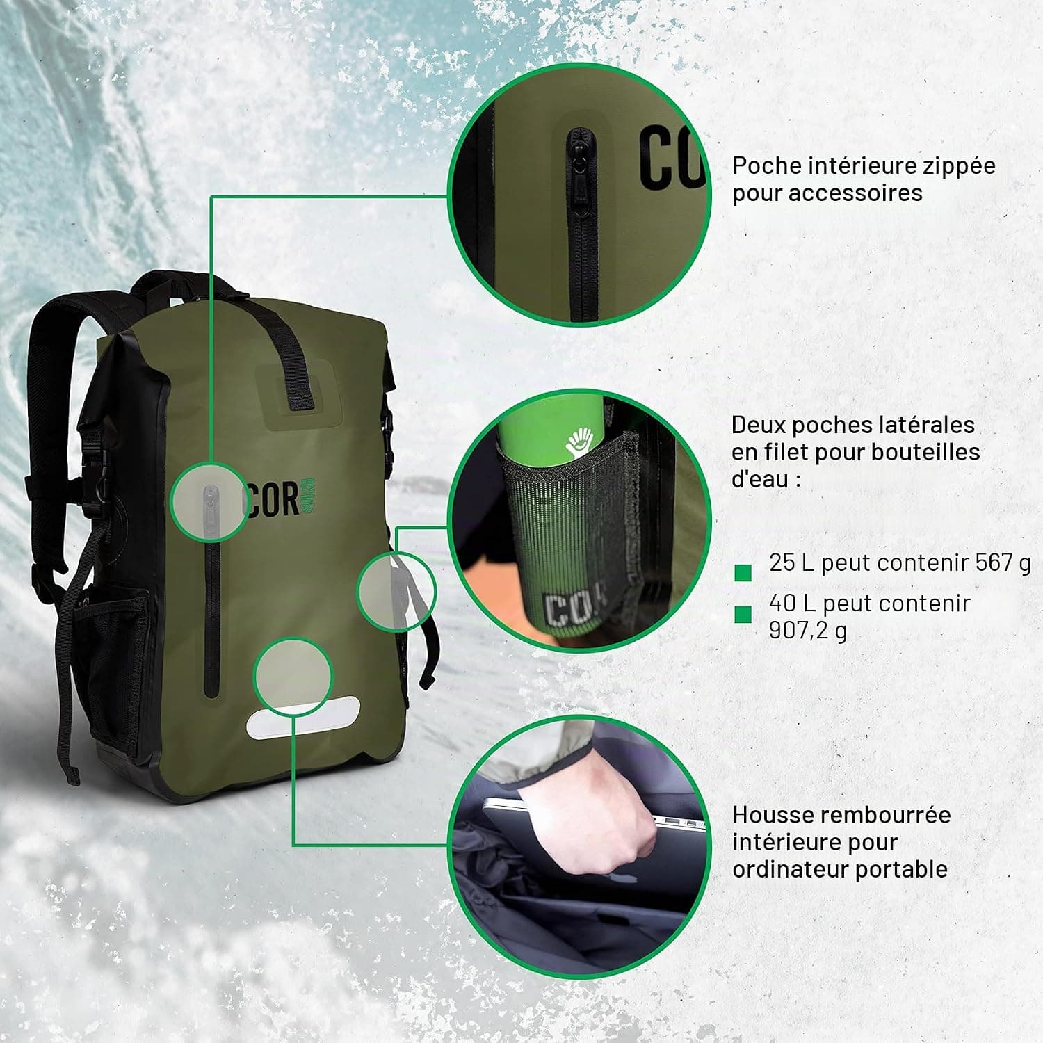 COR Surf Sac à Dos étanche avec Protection pour Ordinateur Portable | Sac étange Impermeable Sac