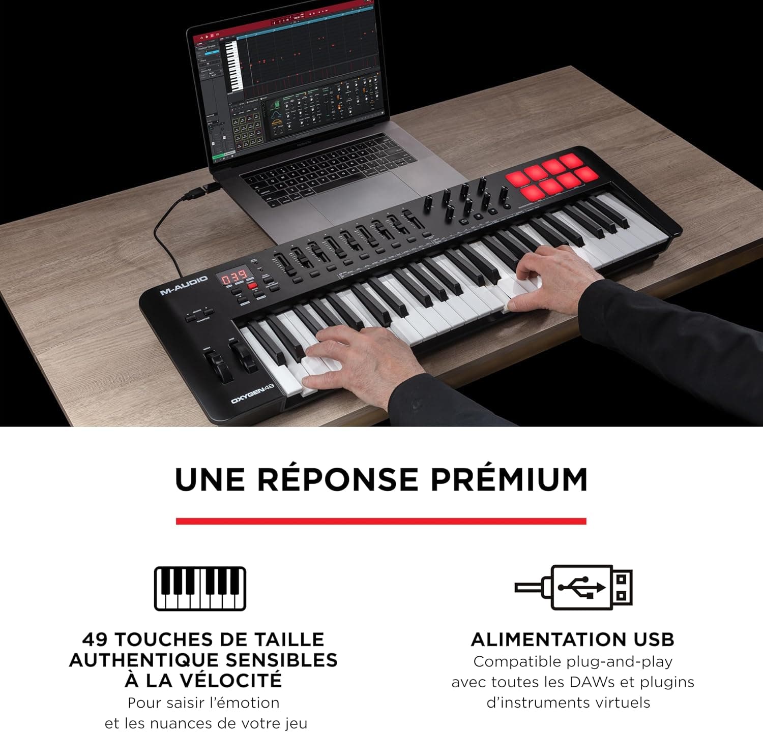M-AUDIO Oxygen 49 MKV Controleur Clavier USB MIDI | 49 Touches Veloci-Sensibles, 8 Pads, 8 Boutons, 9 Faders et Logiciel DAW Inclus, pour Production Musicale