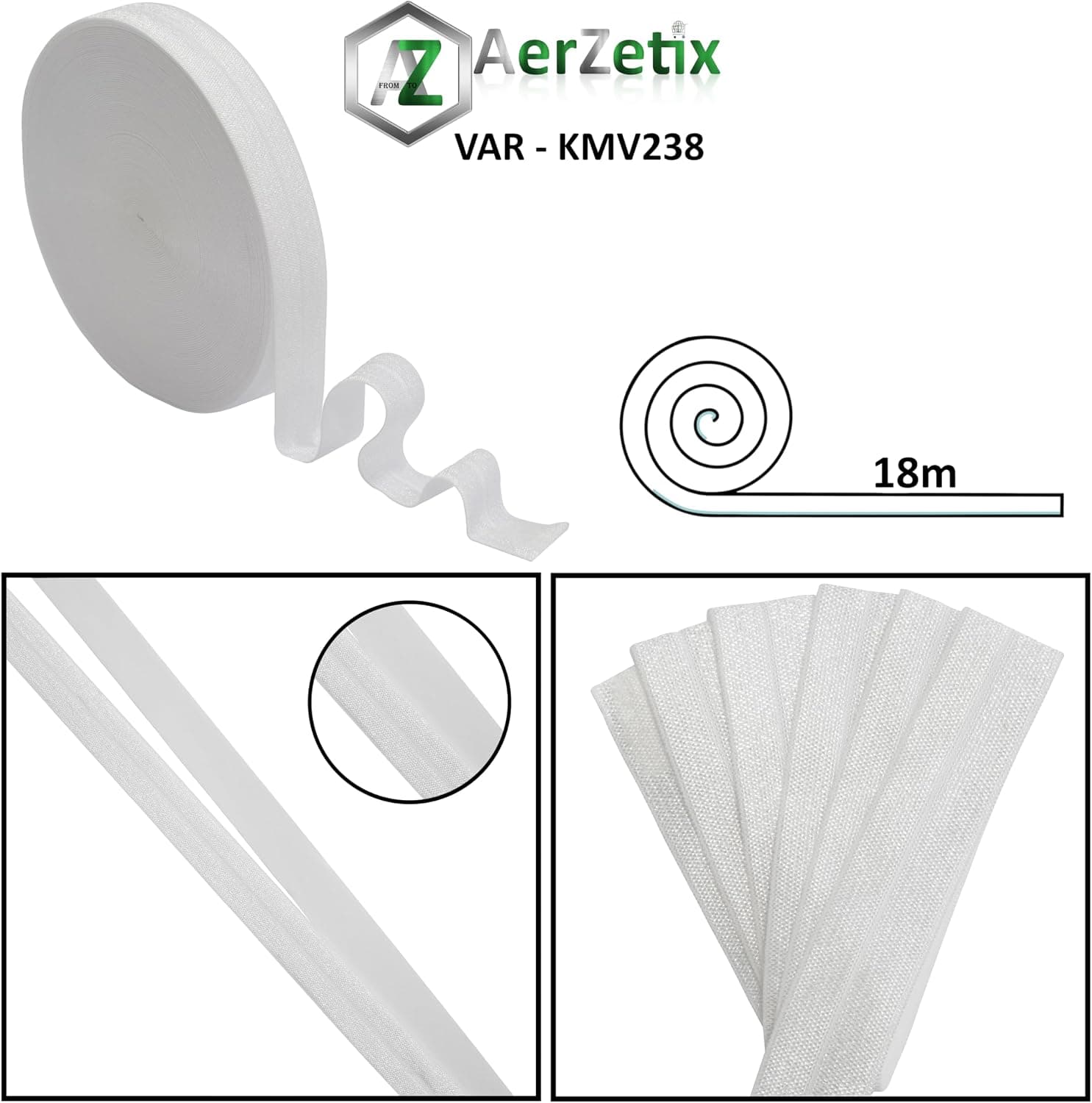 AERZETIX - C70262 - Rouleau d'élastique biais 18 m - largeur 20 mm - couleur blanc - en polyester et élasthanne - confection mercerie couture vêtements tissu artisanat