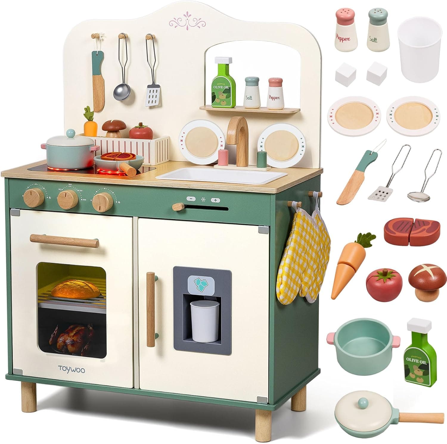 TOYWOO Cuisine en Bois pour Enfants avec lumière et Son, Cuisine de Jeu pour Enfants à partir de 3 Ans avec Set de Nourriture à découper, évier, cuisinière et Micro-Ondes, Jouet éducatif de Jeu de