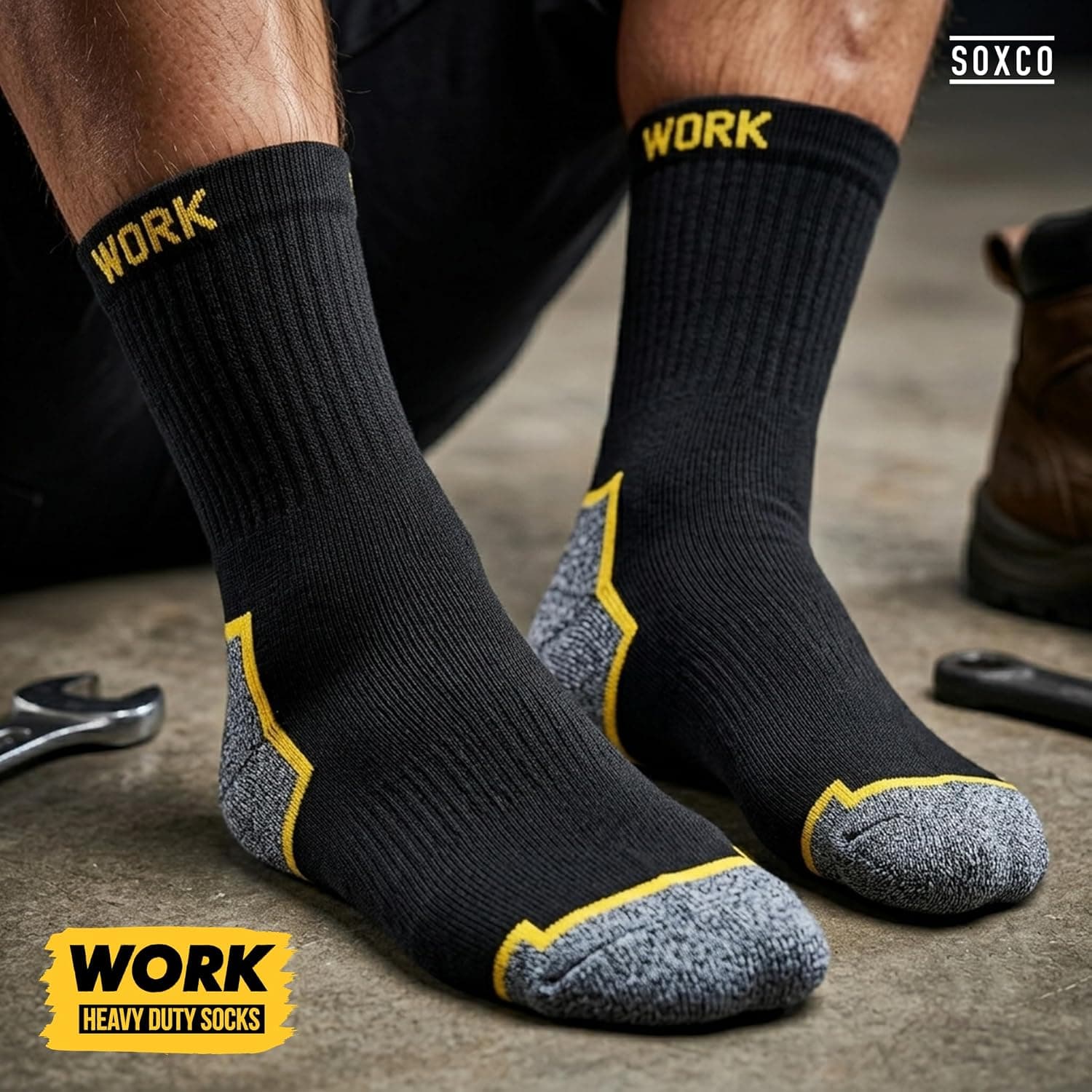 SOXCO 10 Paires Chaussettes de travail noires homme, mi-mollet | Technologie DRI-WIK d’évacuation de l’humidité | Ultra douce et coussinée | Talon et pointe renforcés | WORK Socks Lot de 6/10 paires