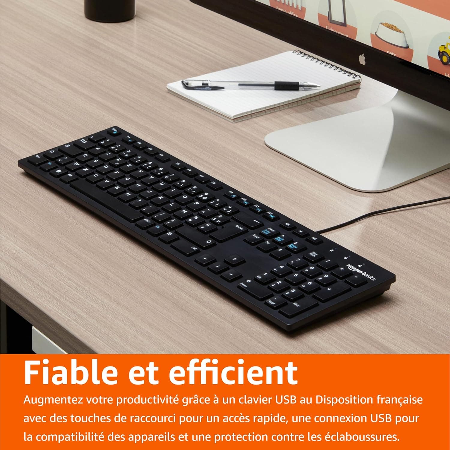 Amazon Basics Clavier USB Filaire Discret avec Disposition française, Noir Mat