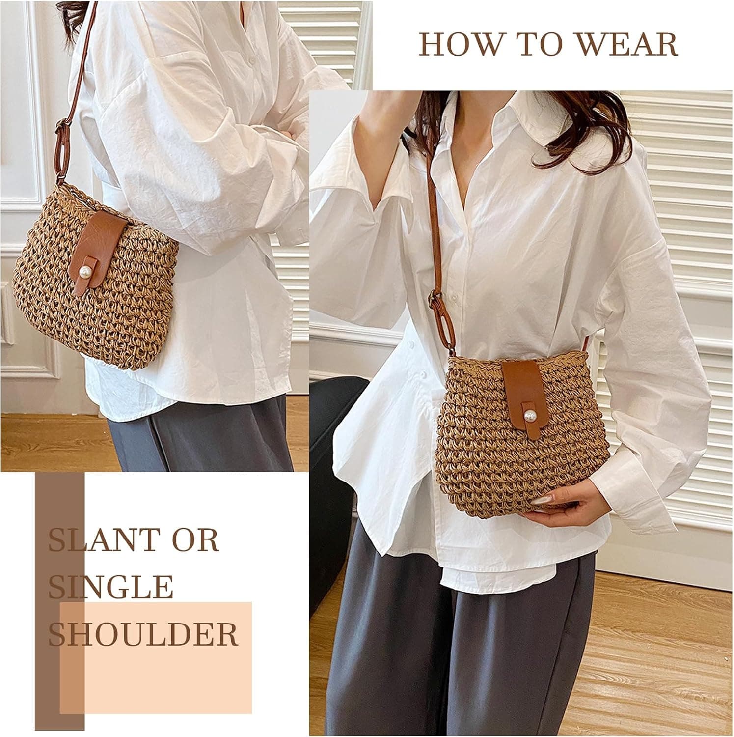 Sac en Paille Femme, Sac à BandoulièRe en Paille pour Femme, Style Boho Fait Main Avec Bandoulière et Fermeture Éclair, pour Plage, Voyage et Prendre des Photos