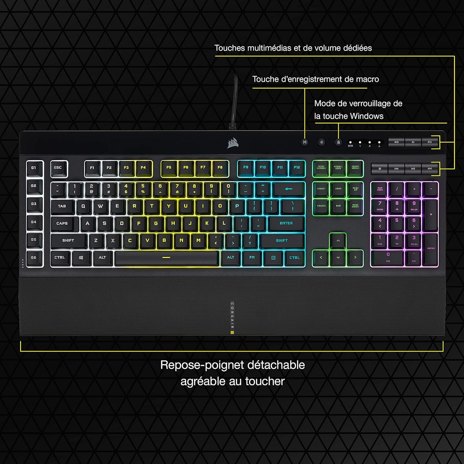 Corsair K55 RGB Pro Clavier de Jeu Filaire à Membrane (AZERTY FR) – Noir | IP42 Résistant à la Poussière et Aux éclaboussures, 6 Touches Macro Intégration Elgato, PC, Mac, Xbox