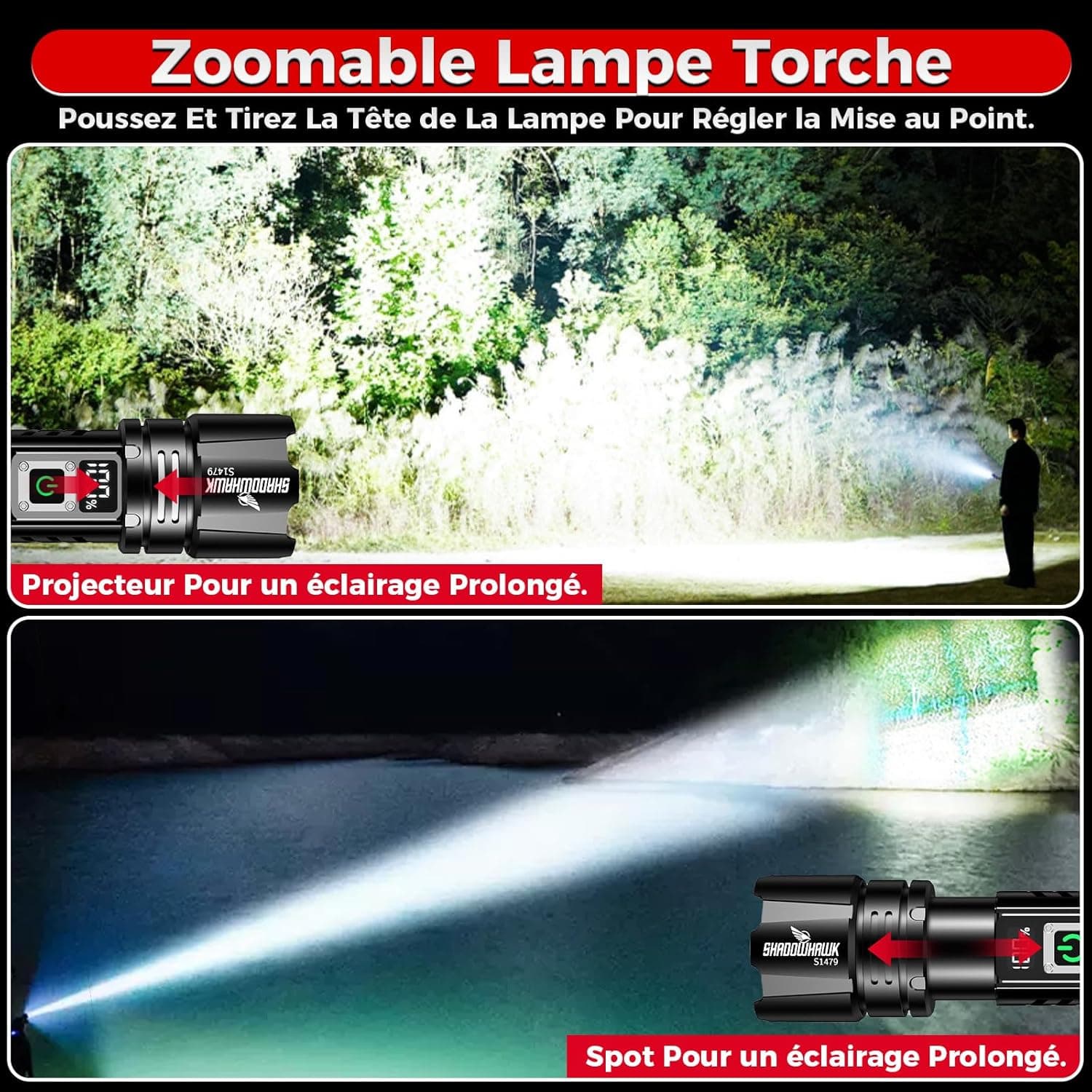 Shadowhawk Lampe Torche Led Ultra Puissante 24H Éclairag,2X5000mAh Batterie