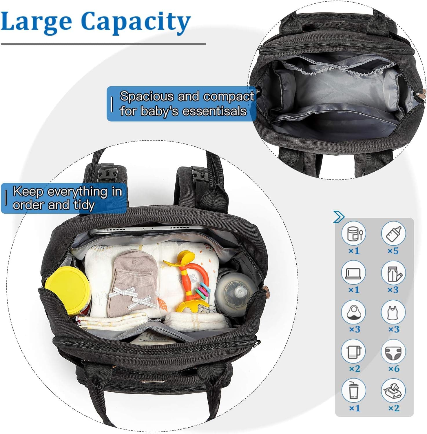 Dikaslon Sac a Langer Bebe, Sac à Langer à Dos Grande Capacité 18 Poches, Polysteer Déperlant, Tapis à Langer, Porte Tétine, Sangles Intégrées Poussette – Sorties Faciles