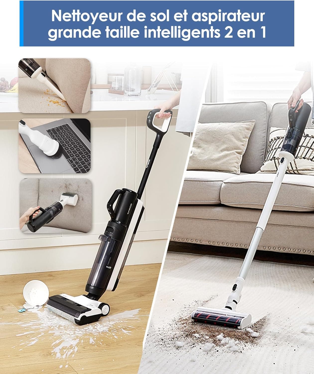 Tineco Floor One S5 Combo Power KIT Aspirateur Eau et Poussière à Main intelligents sans Fil 3 en 1, idéal pour Les saletés collantes et Les Poils d'animaux sur Sol Dur, léger | Technologie Smart iLoop, nettoyage des bords, écran LED, Wi-Fi, autonettoyage, idéal pour les poils d'animaux et sols durs