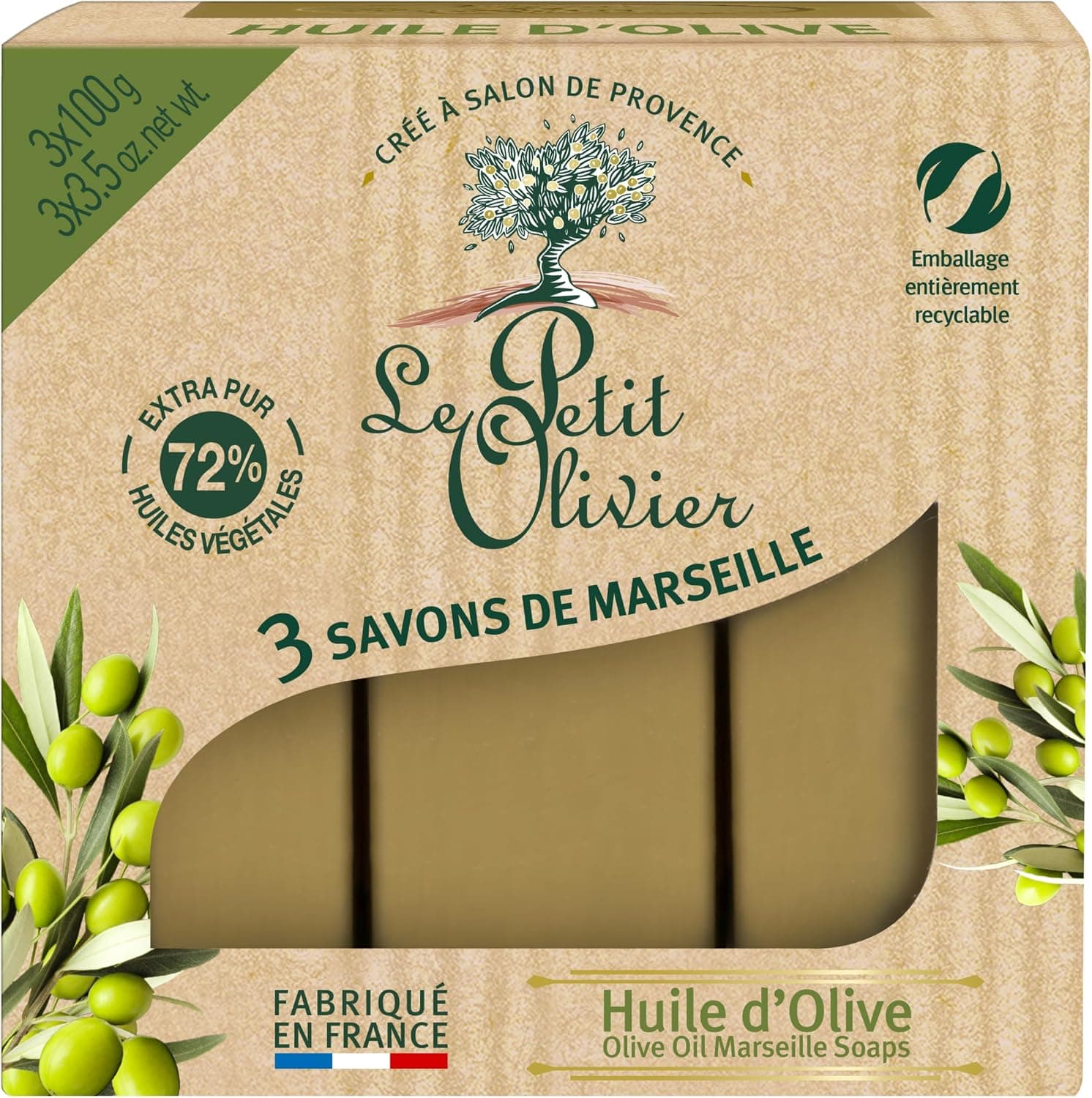 LE PETIT OLIVIER 3 Savons de Marseille à l'Huile d'Olive 3x100g