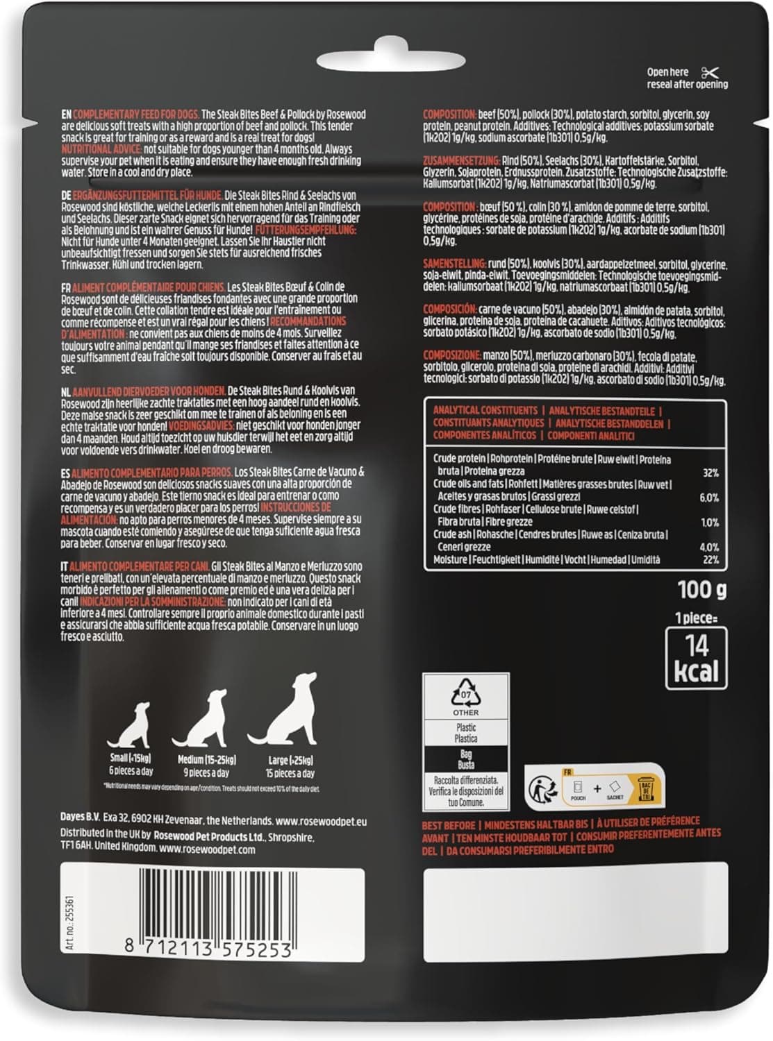 Rosewood Steak Bites Bœuf & Colin – Friandise Tendre pour Chien, Riche en Viande et Poisson, pour l’entraînement, sans céréales, sans additifs artificiels, 100 g