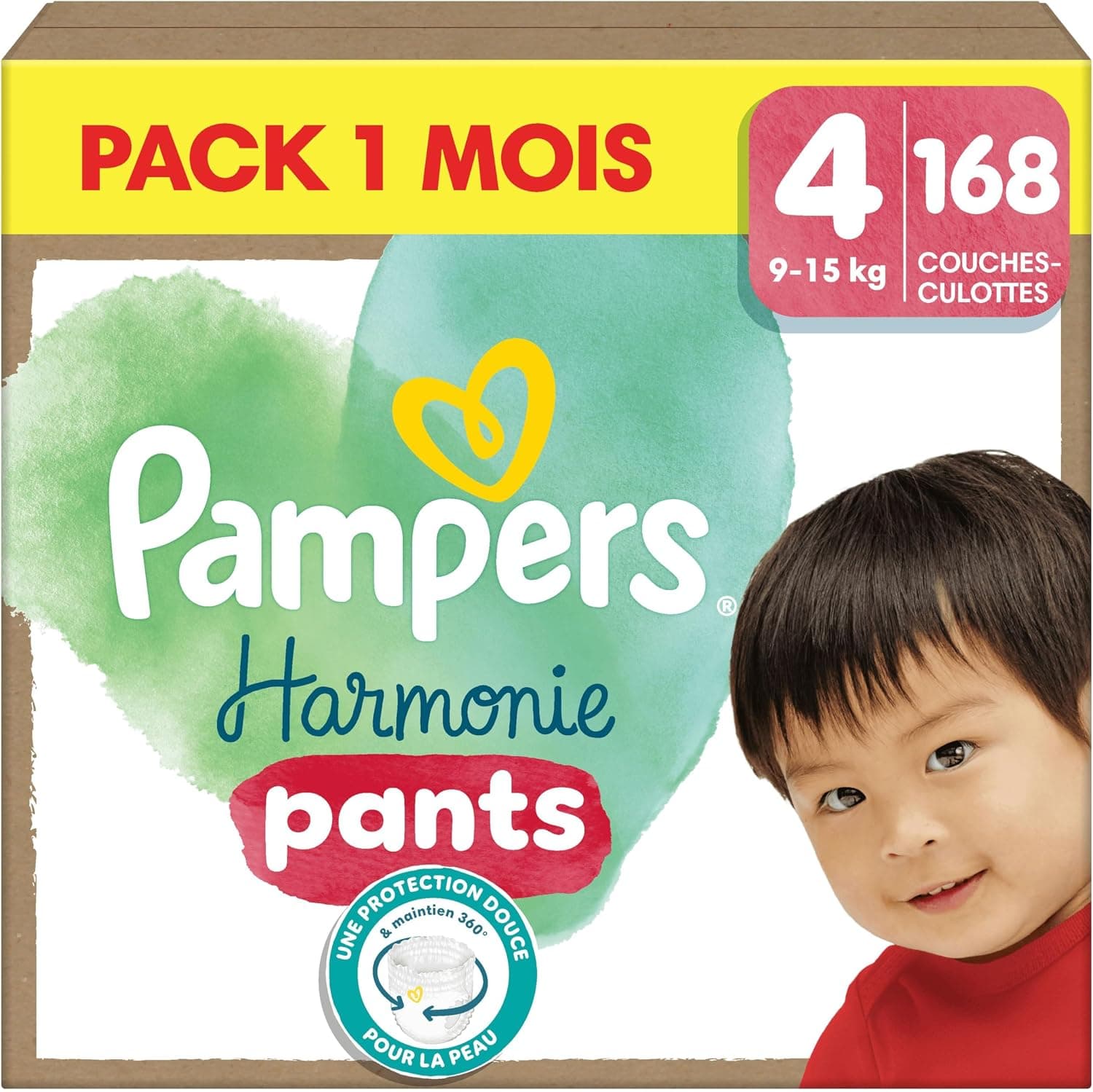 Pampers Harmonie Pants, Taille 4, 168 Couches-Culottes, 9-15kg, Protection Douce Pour La Peau Et Maintien Confortable 360°, Pack 1 Mois