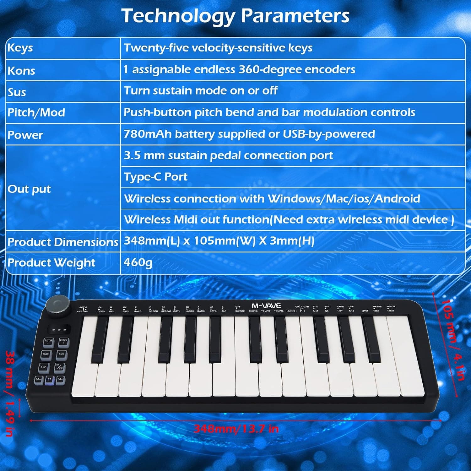 M-VAVE Mini clavier 25 touches - Beat maker professionnel et Keytar pour la production musicale au clavier Batterie intégrée Wireless Connect, Mini no PADS, Noir