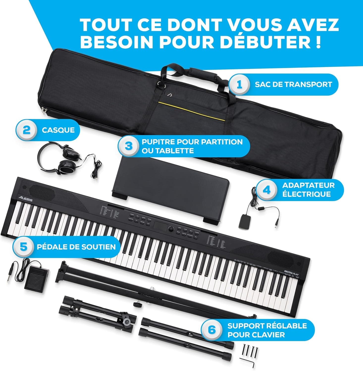 Alesis Recital Play Clavier Piano 88 Touches avec Accessoires | Portable, 480 Sons, Modes Split/Layer, Inclus Cours, Stand, Pédale de Sustain, Casque, Housse de Transport