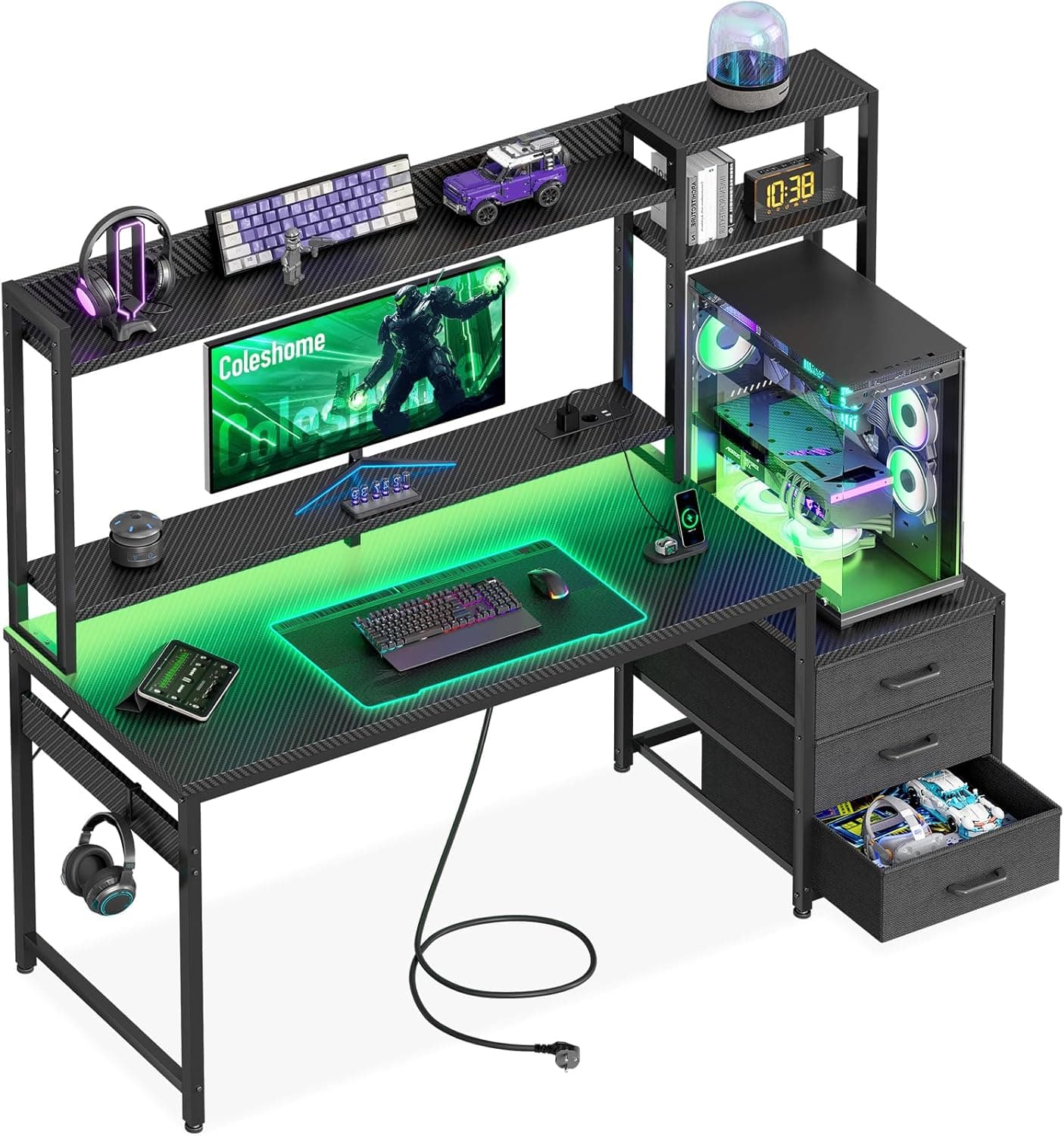 Coleshome Bureau Gaming avec Étagère et Tiroirs, 137x48cm, Carbone Noir