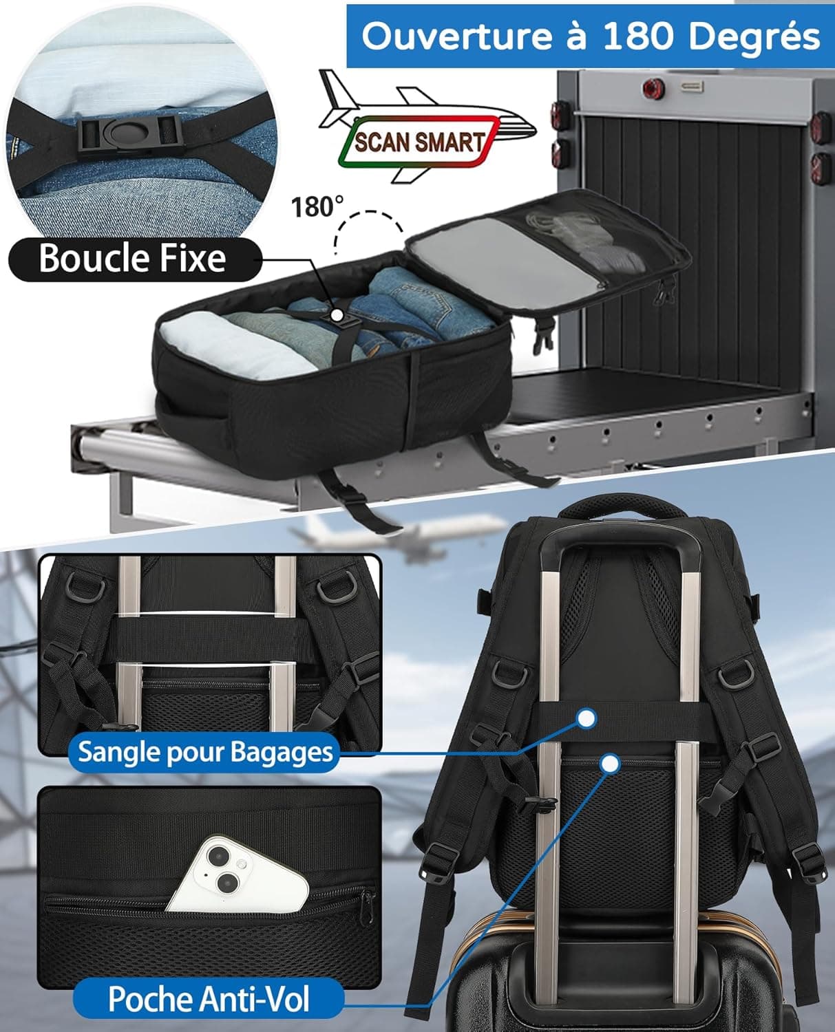 KLOSTAIN Sac a Dos Voyage Cabine Avion 40x20x25 Bagage Cabine pour Ryanair 20 L Femme Homme sous Siège Bagage à Main Petit Sac à Dos pour Ordinateur Portable 14 Pouces Noir