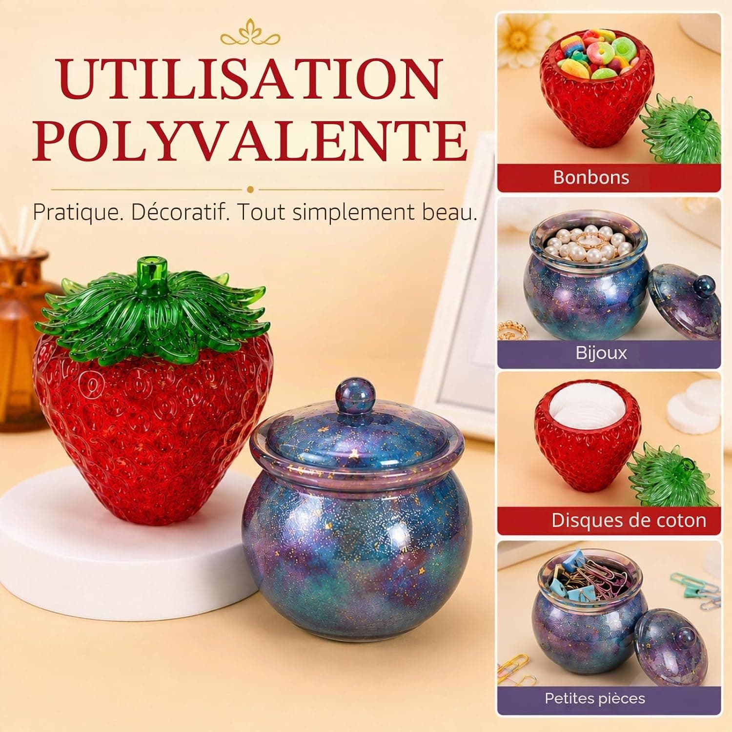 Moules en Resine Epoxy de Fraise de Silicone Moule de Rangement de Resine Epoxy avec Couvercle, DIY Moule pour Organisateur, Boîte à Bijoux, Pot de Fleur, Décoration de Table