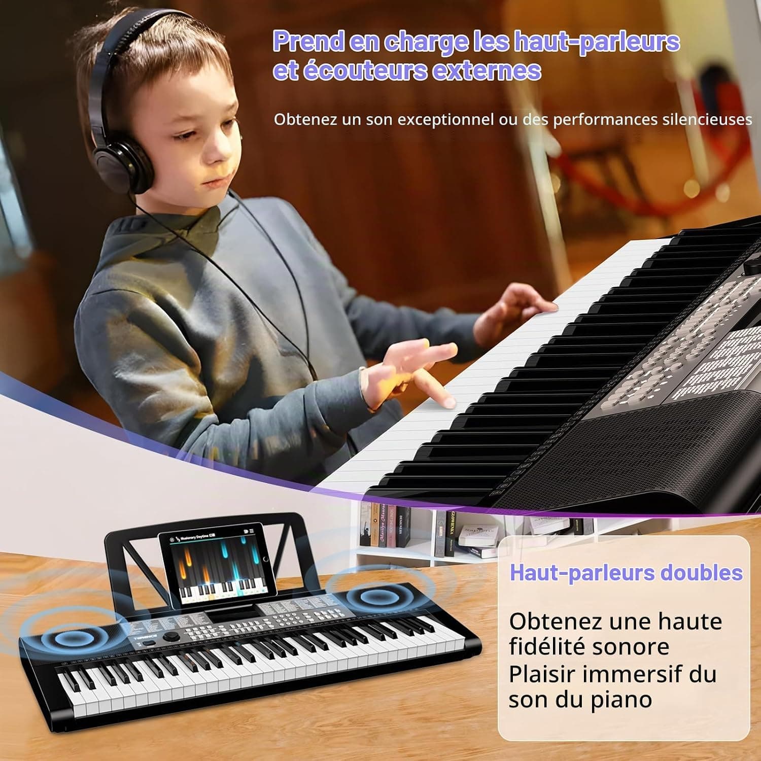 TERENCE Piano Numérique 61 Touches Double Haut-parleur HiFi Clavier Piano avec 51 Touches de Fonction Affichage LED Double Clavier 2 Options d'alimentation Support pour Casque et Microphone