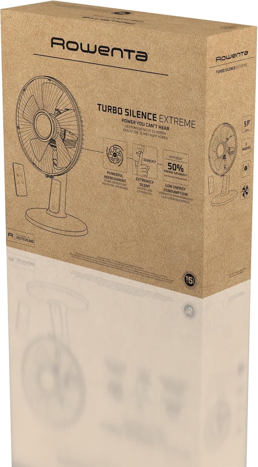 Rowenta Turbo Silence Extreme+, ventilateur de table noir VU2750 | 32 dB(A), débit d’air jusqu’à 7,5 m, 5 vitesses & 2 modes automatiques, oscillation 120°, télécommande, Couleur: Noir