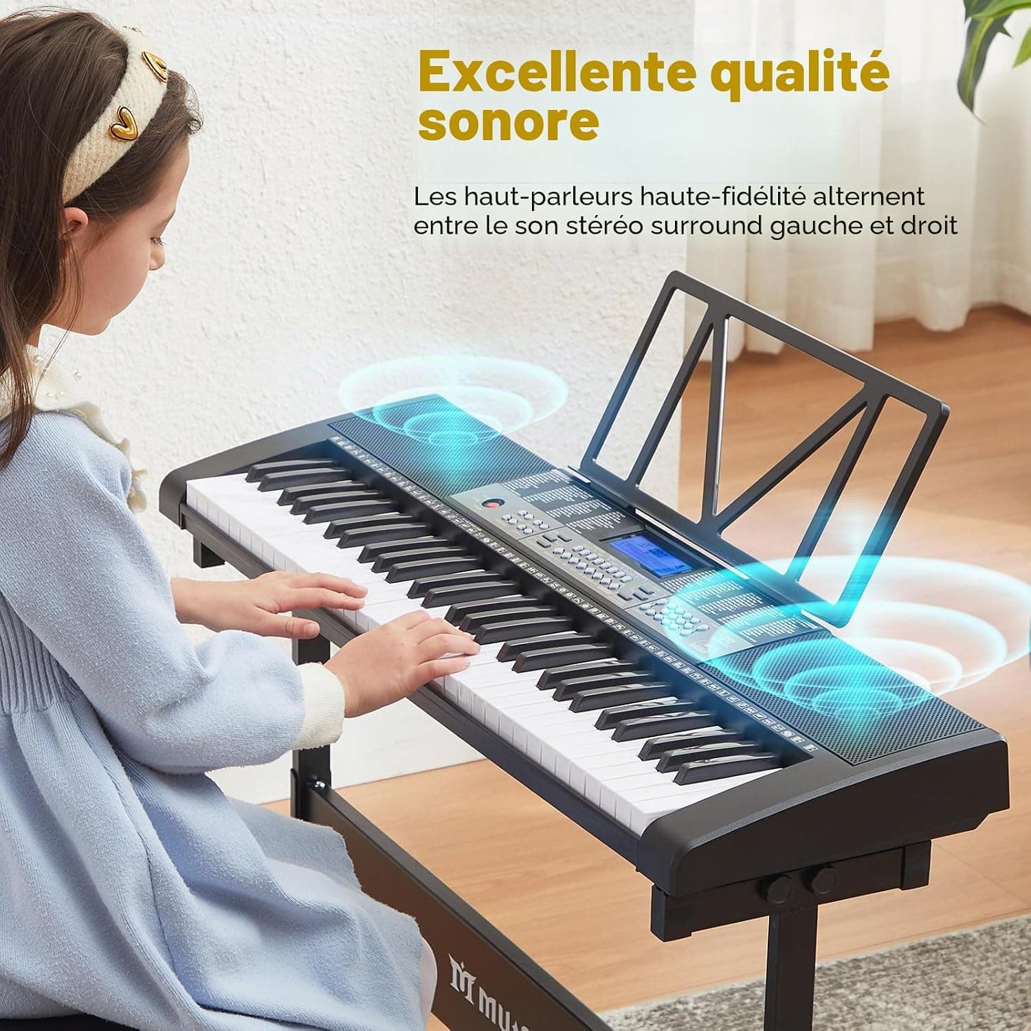 MUSTAR Piano à clavier lumineux 61 touches, clavier numérique pour débutants, piano électrique avec enseignement intelligent, support, tabouret, casque (Noir)