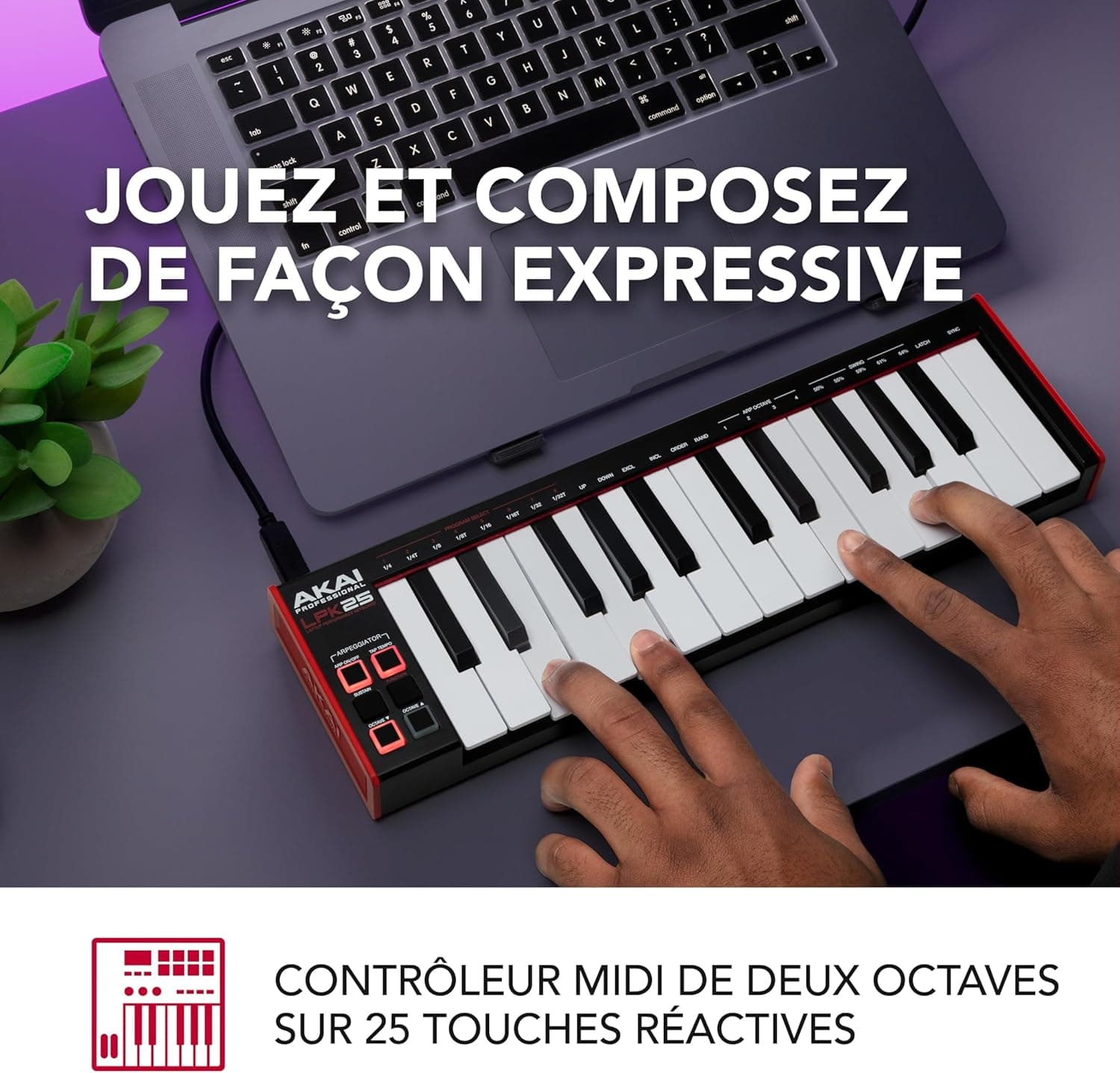 Akai Professional LPK25 Clavier MIDI USB 25 Touches | Touches Mini Sensibles à la Vélocité, Arpégiateur, Compatibilité DAW Universelle, pour Producteurs de Musique