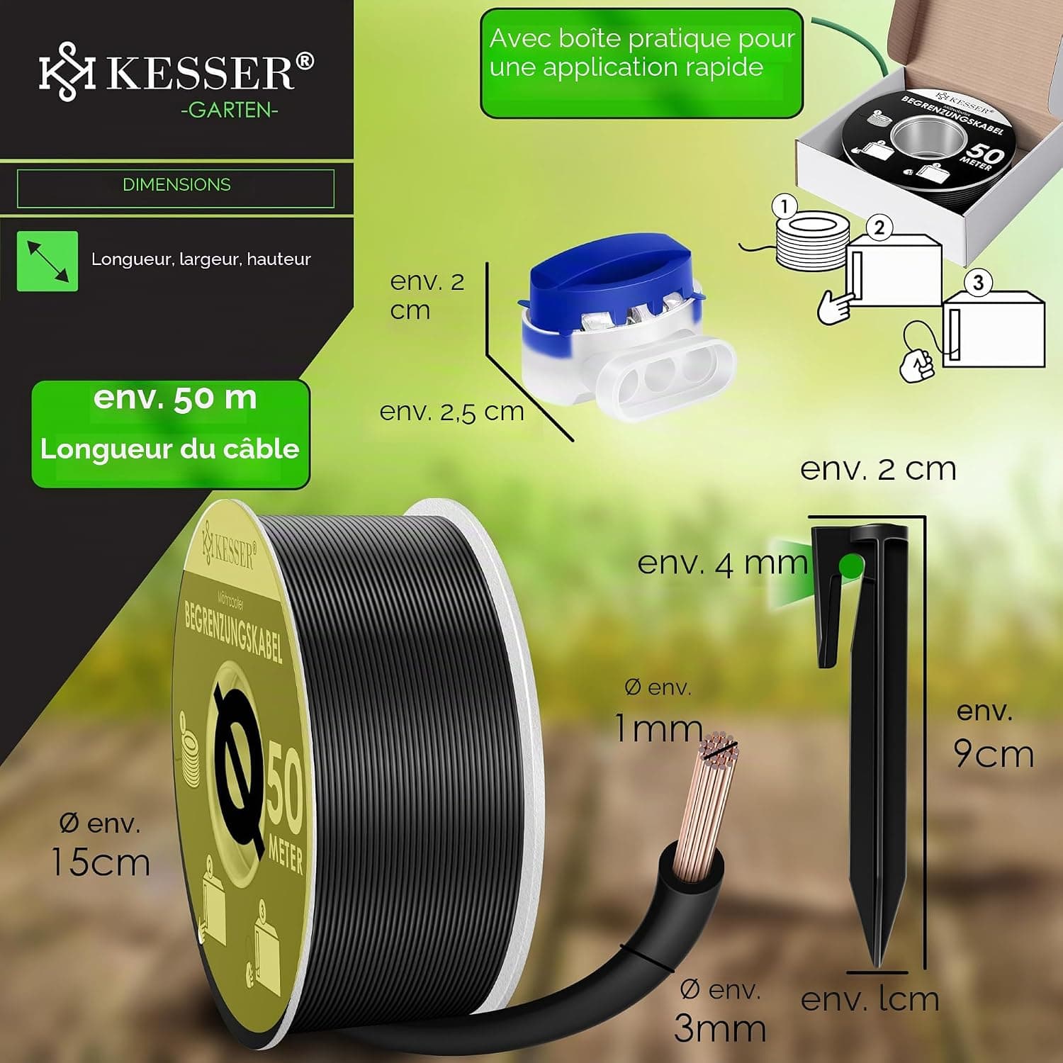 KESSER® Câble de délimitation de 50 m + 200 piquets + 12 connecteurs de câble pour Robot Tondeuse à Gazon, kit d'accessoires Universel Compatible avec Gardena, Bosch, Worx, Honda, ROBOMOW
