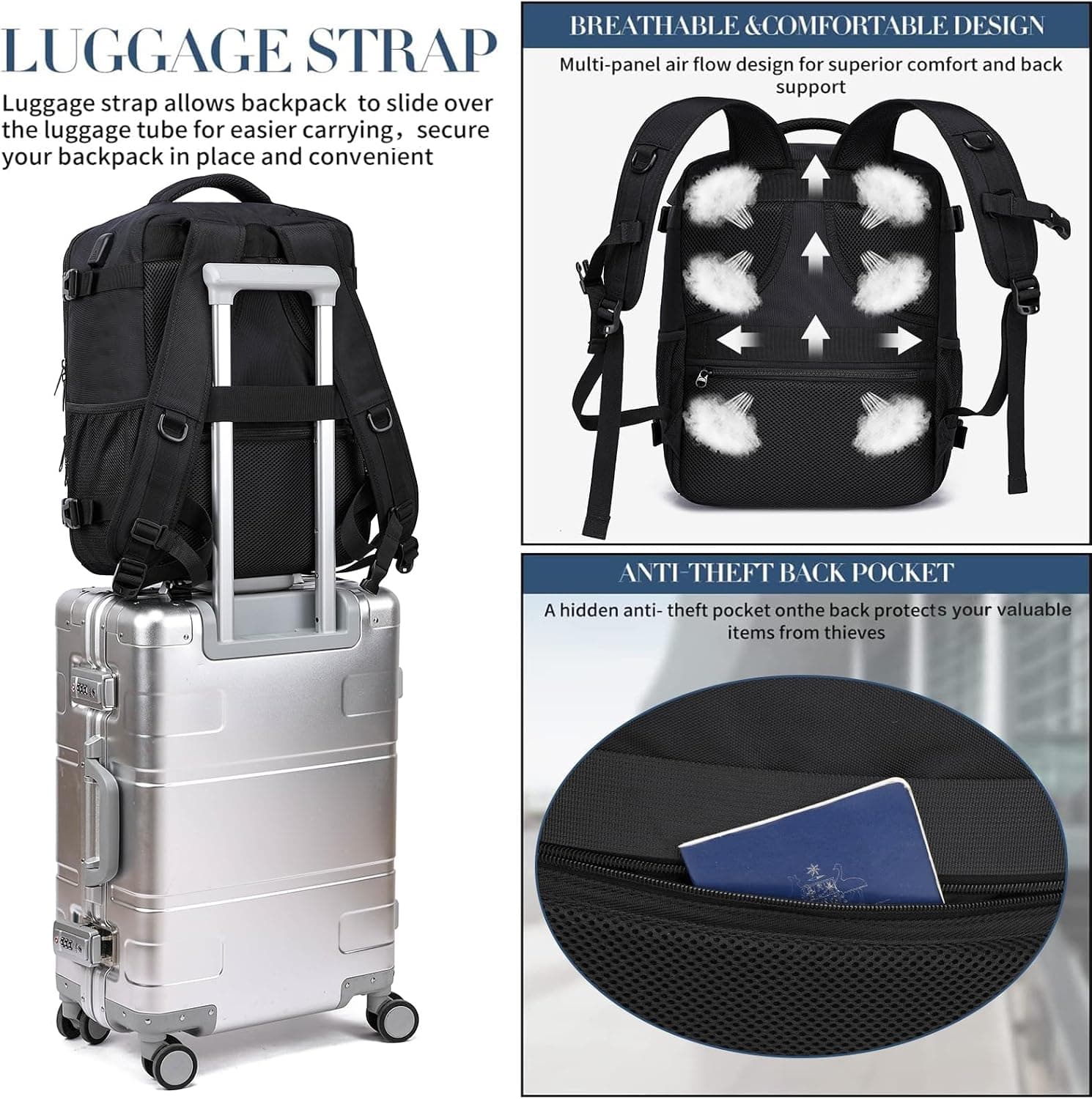 Bagage Cabine 40x30x20 Pour Ryanair Sac a Dos Voyage Cabine Avion pour Wizzair Eurowings 24L Sac 40x30x20 Bagage à Main avec USB Charging Port Sac à Dos Ordinateur Portable 14 Pouces Homme Femme Noir