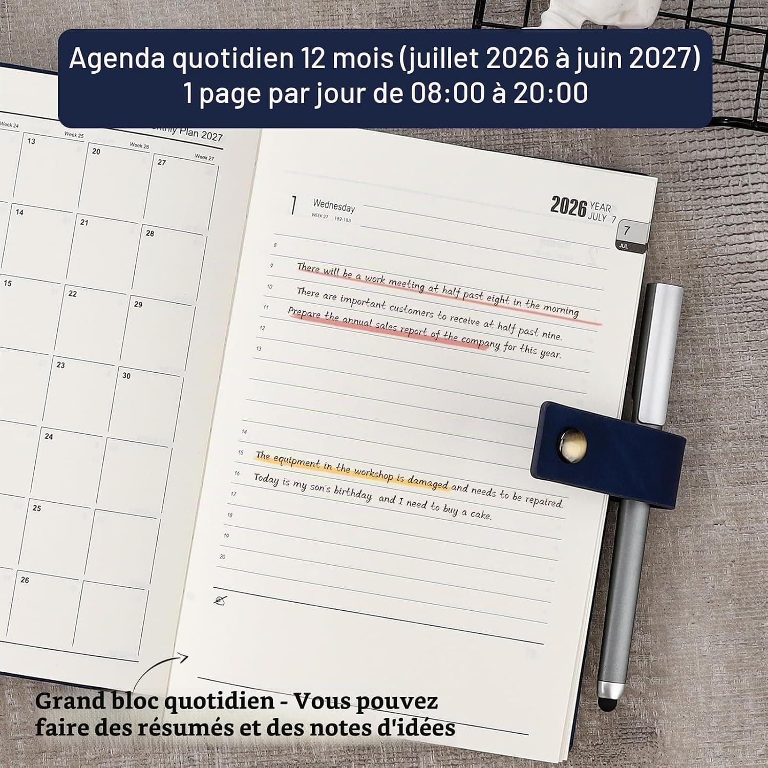 Agenda académique journalier 2026-2027 de juillet 2026 à juin 2027 avec couverture rigide et stylo, marque-page, onglets mensuels, autocollants (bleu)