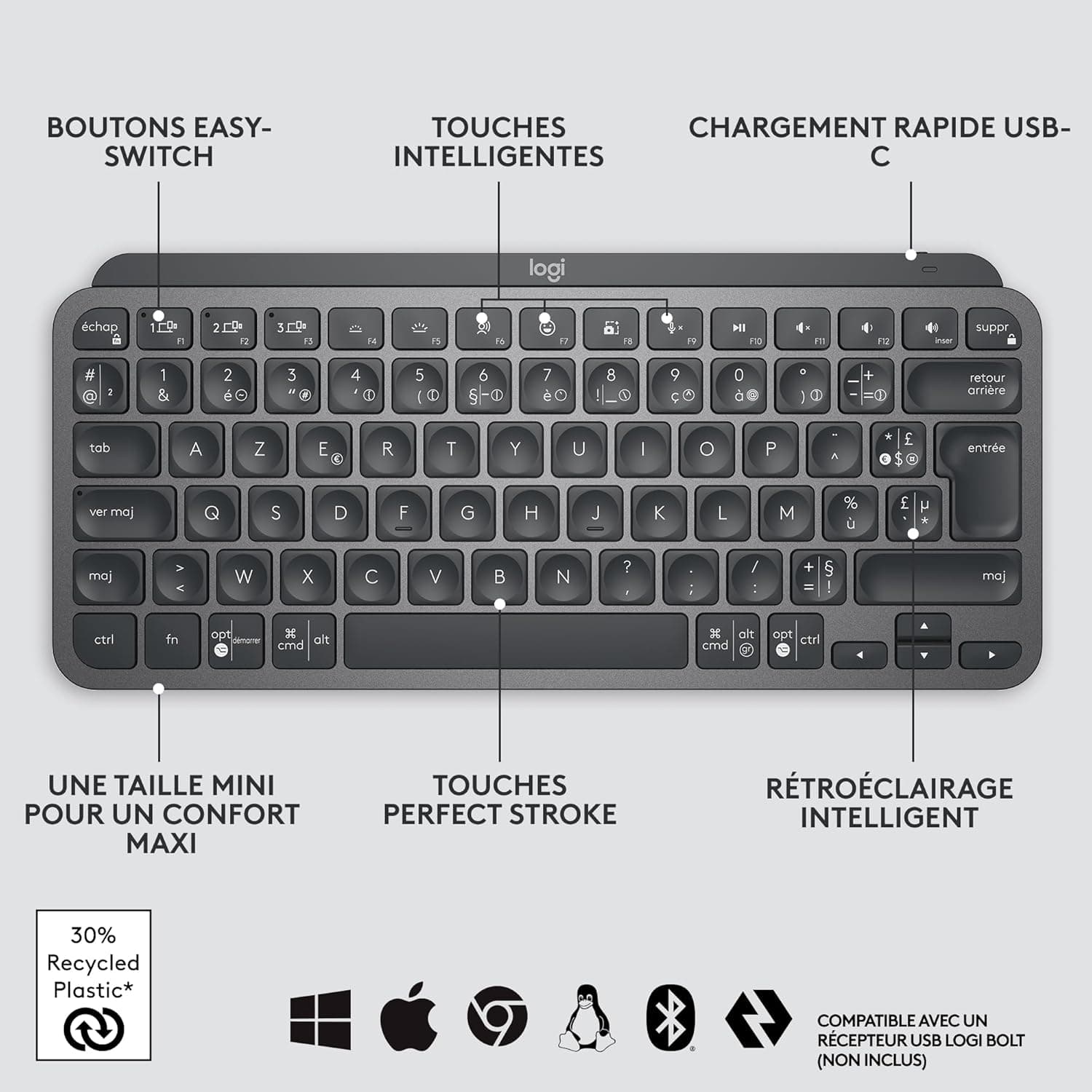 Logitech MX Keys Mini Minimaliste Clavier sans Fil Illuminé | Compact, Bluetooth, Rétroéclairé, USB-C, macOS, iOS, Windows, Linux, Android, Construction métal - Gris foncé
