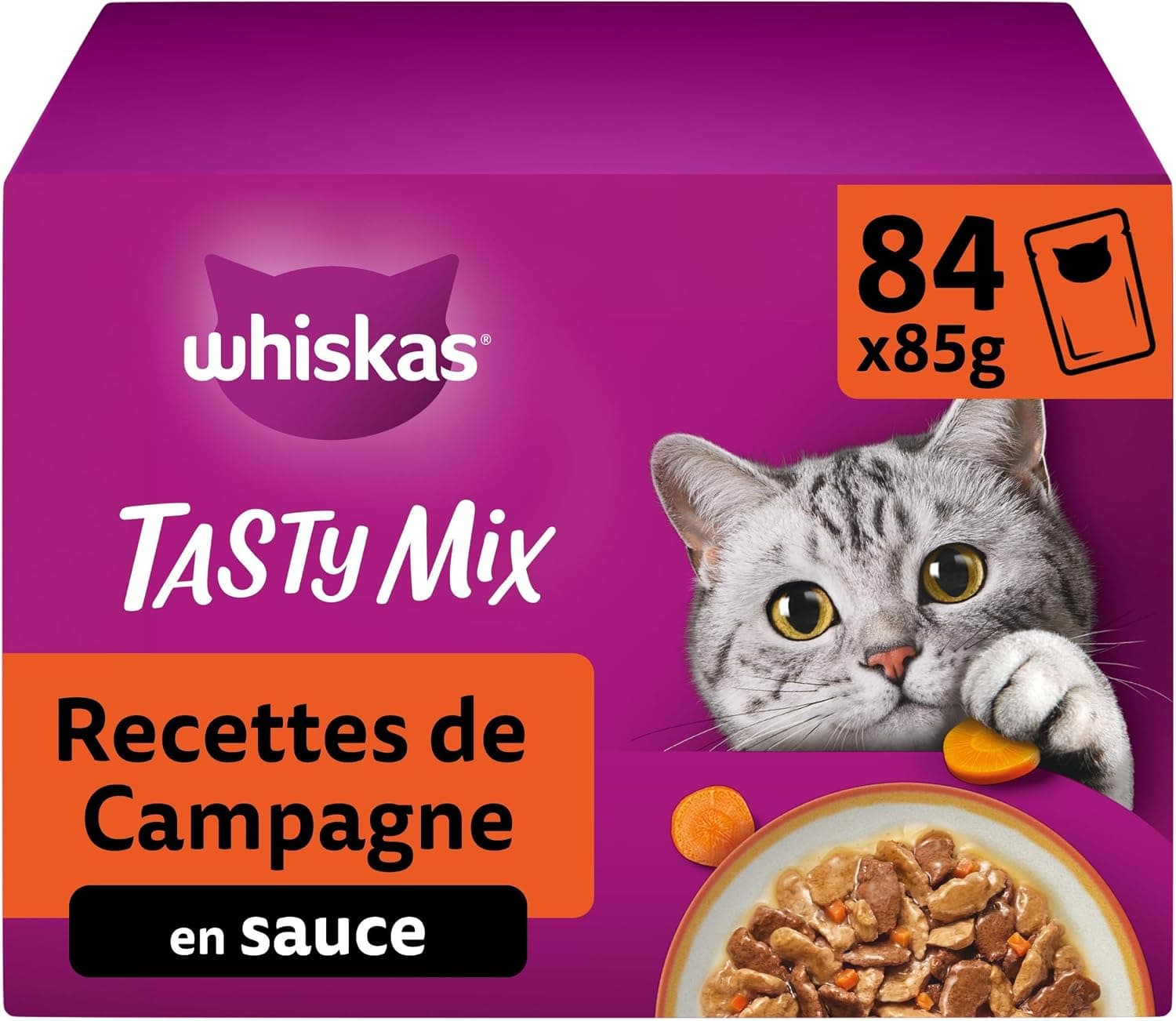 WHISKAS Repas pour Chat - 84 Sachets Fraîcheur de 85g - Pâtée pour Chat Adulte en Sauce - Tasty Mix Recettes de Campagne (4 Variétés) – Nourriture Humide Complète & Equilibrée, 84x85g