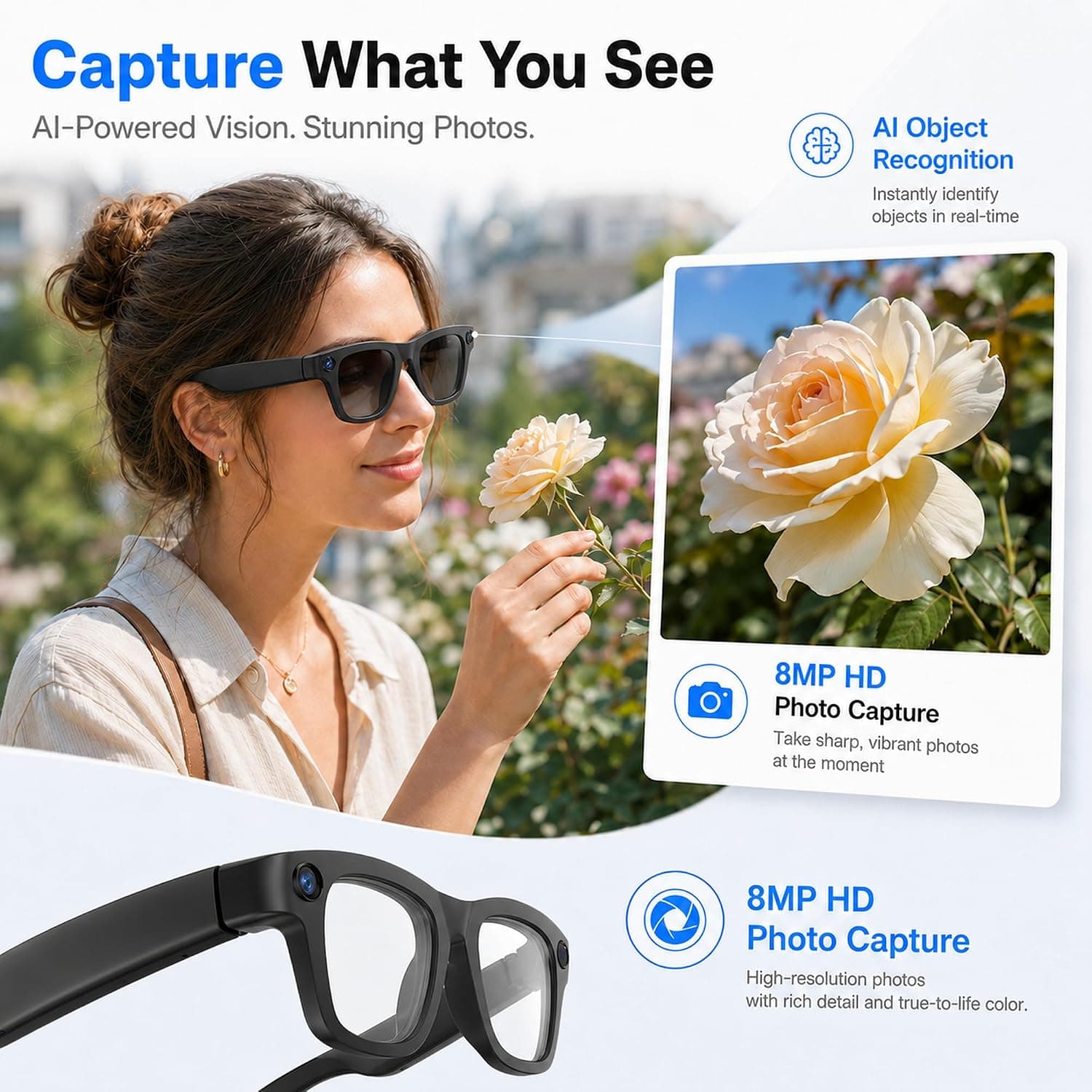 Lunettes Connectées IA Caméra 8MP Traduction en Temps Réel Assistant Vocal