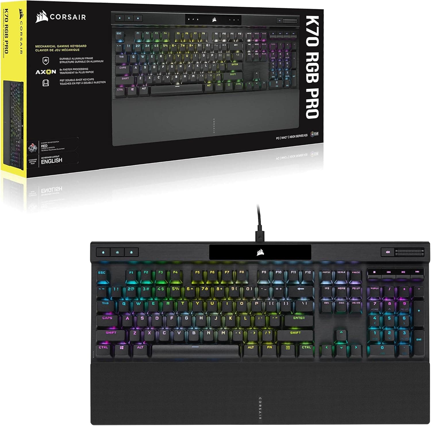 CORSAIR K70 RGB PRO Clavier de Jeu Mécanique Filaire – Interrupteurs Linéaires Cherry MX Red, SOCD, PBT Double-Shot Keycaps, 8000Hz Hyper-Polling, NKRO, Anti-Ghosting, Tournoi Switch, AZERTY FR – Noir