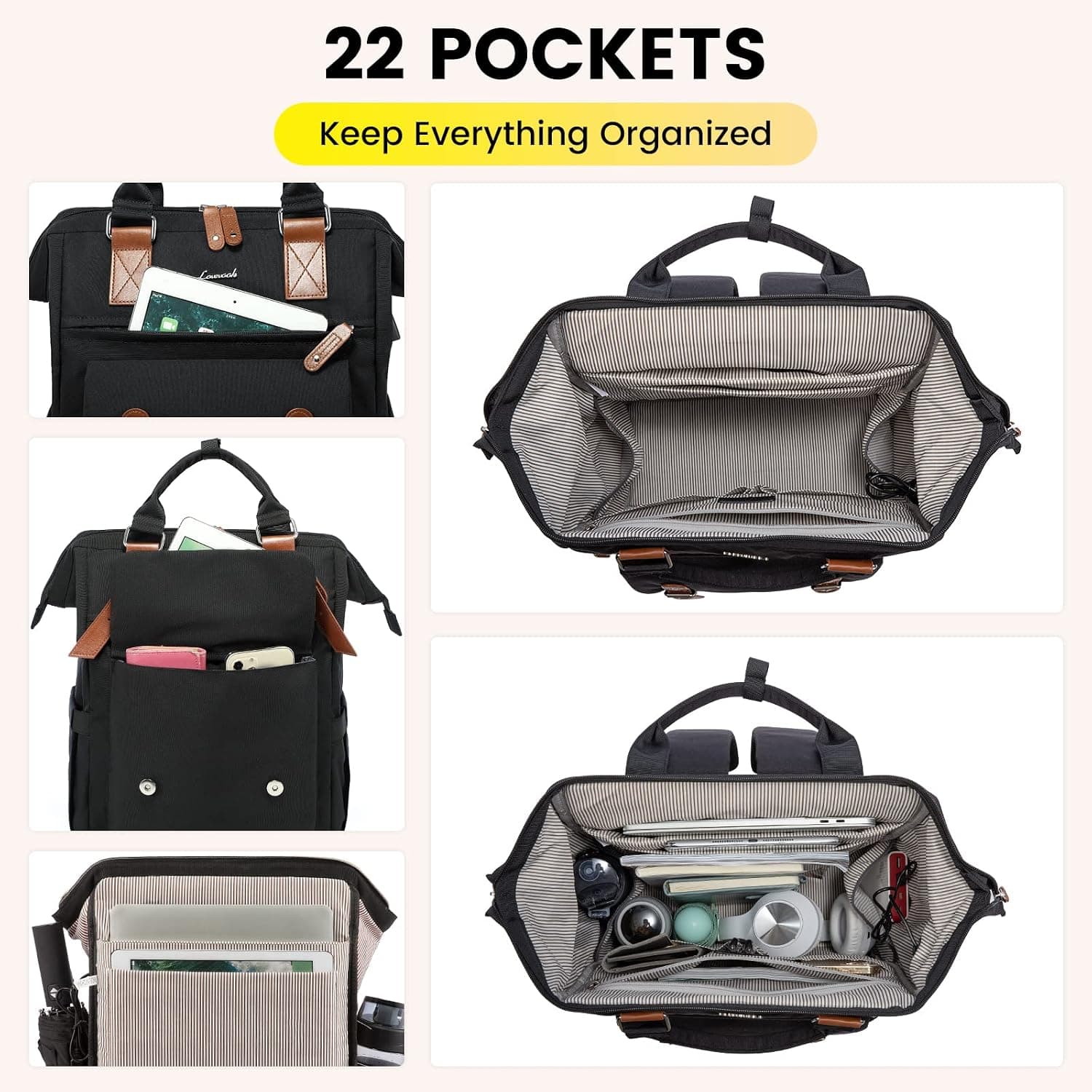 LOVEVOOK Sac a Dos Femme, Impermeable pour Ordinateur Portable 15,6 pouces | avec Étui pour Câble de Données avec Compartiment Ordinateur Séparé, Ordi Elegant pour Voyage College Travail Noir